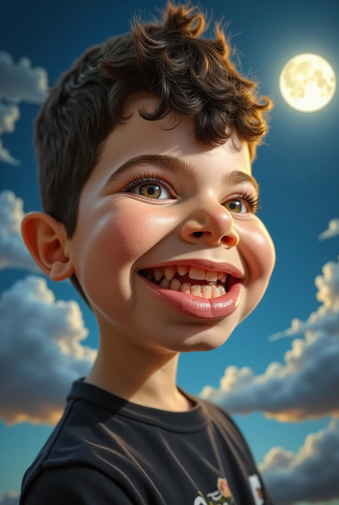 a cartoon caricature of a young boy under the moonlight, portrait, exaggerated features with a large nose and big eyes. Masterpiece, Best Quality, Realistic, glowing, textures, 4K.