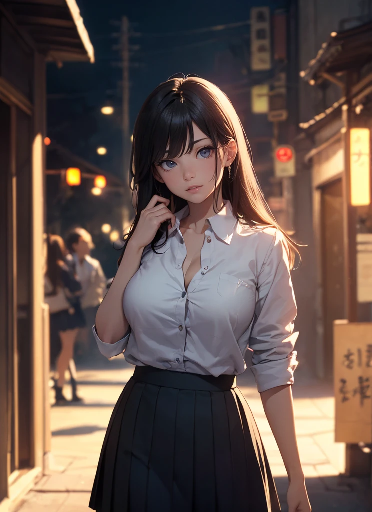 16K, HDR, RTX, raytracing, natural lighting, absurdres, best quality masterpiece, cowboy shot, perfect anatomy, highly detailed face, detailed eyes, 1girl, solo, wearing a business suit, white shirt, top button open, choker, long hair, extreme beautiful, edgy, cool, windy, glowing eyes, serious expressions, detailed office background, skyscrapers, award winning, neon lights, trending on art station, police, detective