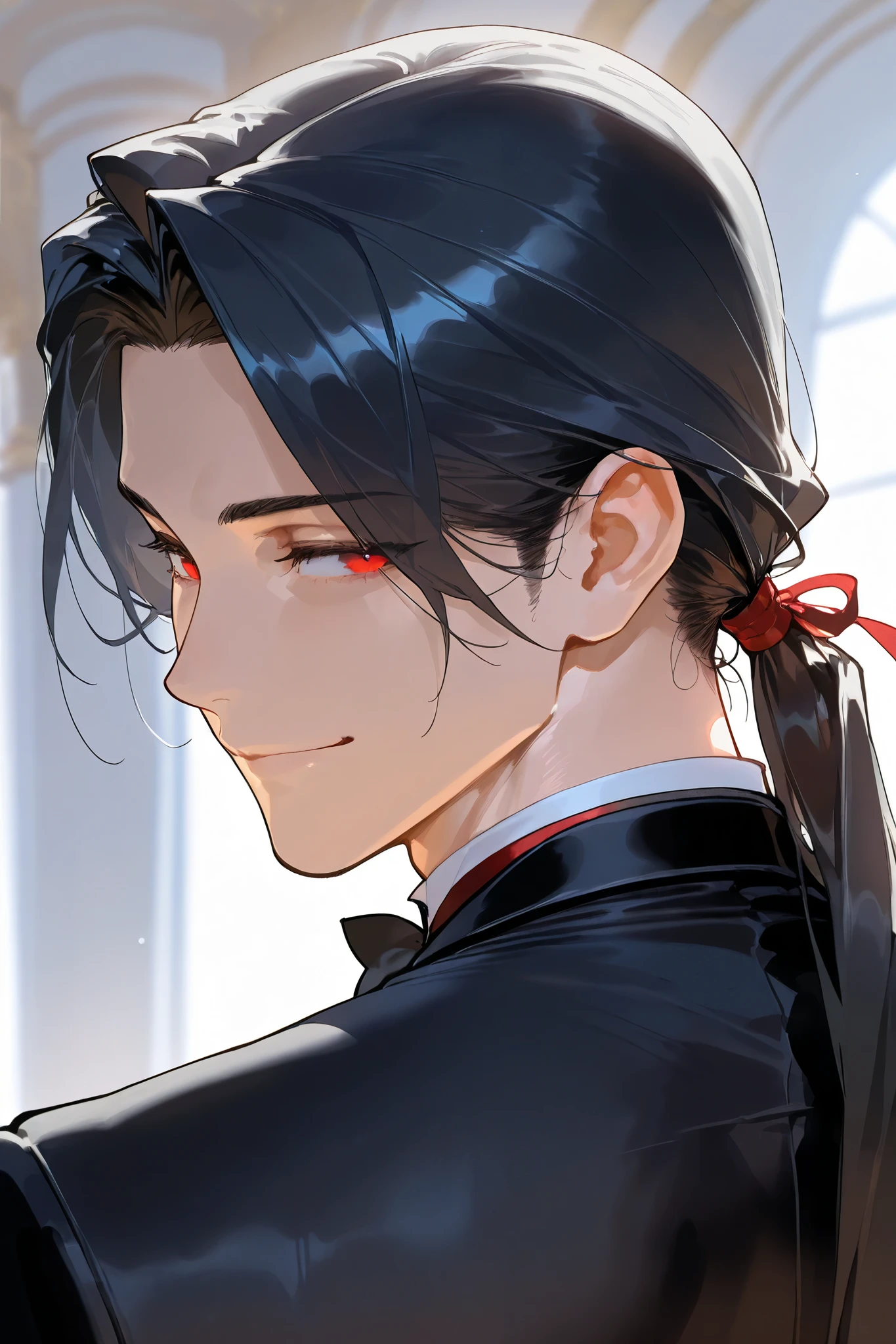 best quality, masterpiece,solo, 1male, black hair, long ponytail, black suit, portrait, mature, red eyes, smile, butler, back view, looking back