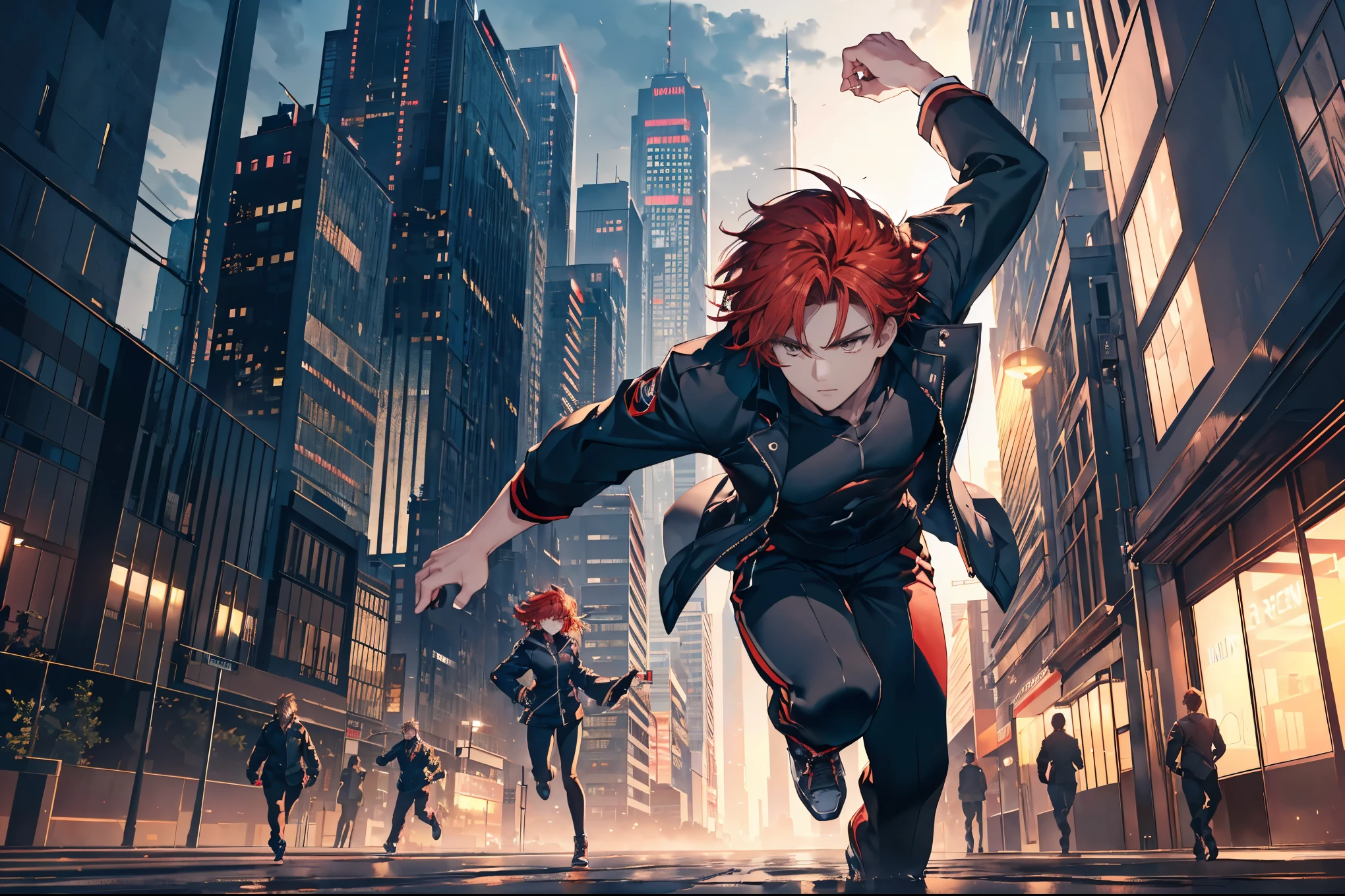 masterpiece, best quality, dynamic running pose, forward-leaning posture, top-down view, gaze towards the right side of the screen, posture facing the right side, night cityscape background with illuminated skyscrapers, delicate hair, delicate eyes, ultra-detailed, ((male, handsome male, sharp golden eyes, androgynous face, bright red hair)), ((golden eyes, mysterious appearance, muscular, wearing sleek black jacket, black athletic pants, dynamic running pose, forward-leaning posture, top-down view, gaze towards the right side of the screen, posture facing the right side, night cityscape background with illuminated skyscrapers, detailed anime style illustration, intense expression, realistic anatomy, motion blur)), ((city lights reflections, street details, dark and moody atmosphere, strong shadows, action lines, dramatic lighting, proper hand anatomy:1.4, proper body anatomy:1.4, single character, running through urban streets))
