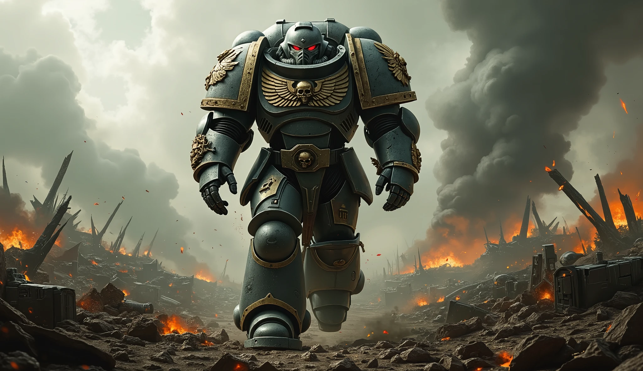  space marine walking in a battlefield ,red eyes, View from below