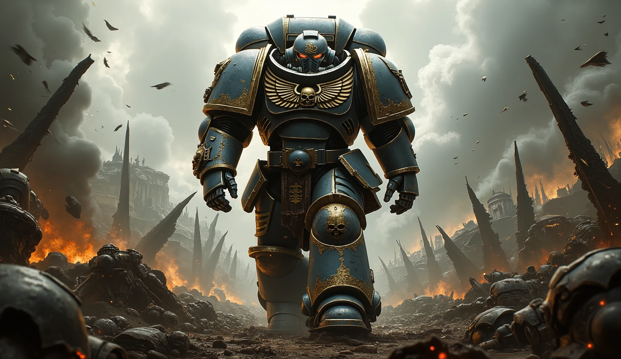 space marine walking in a battlefield ,red eyes, View from below