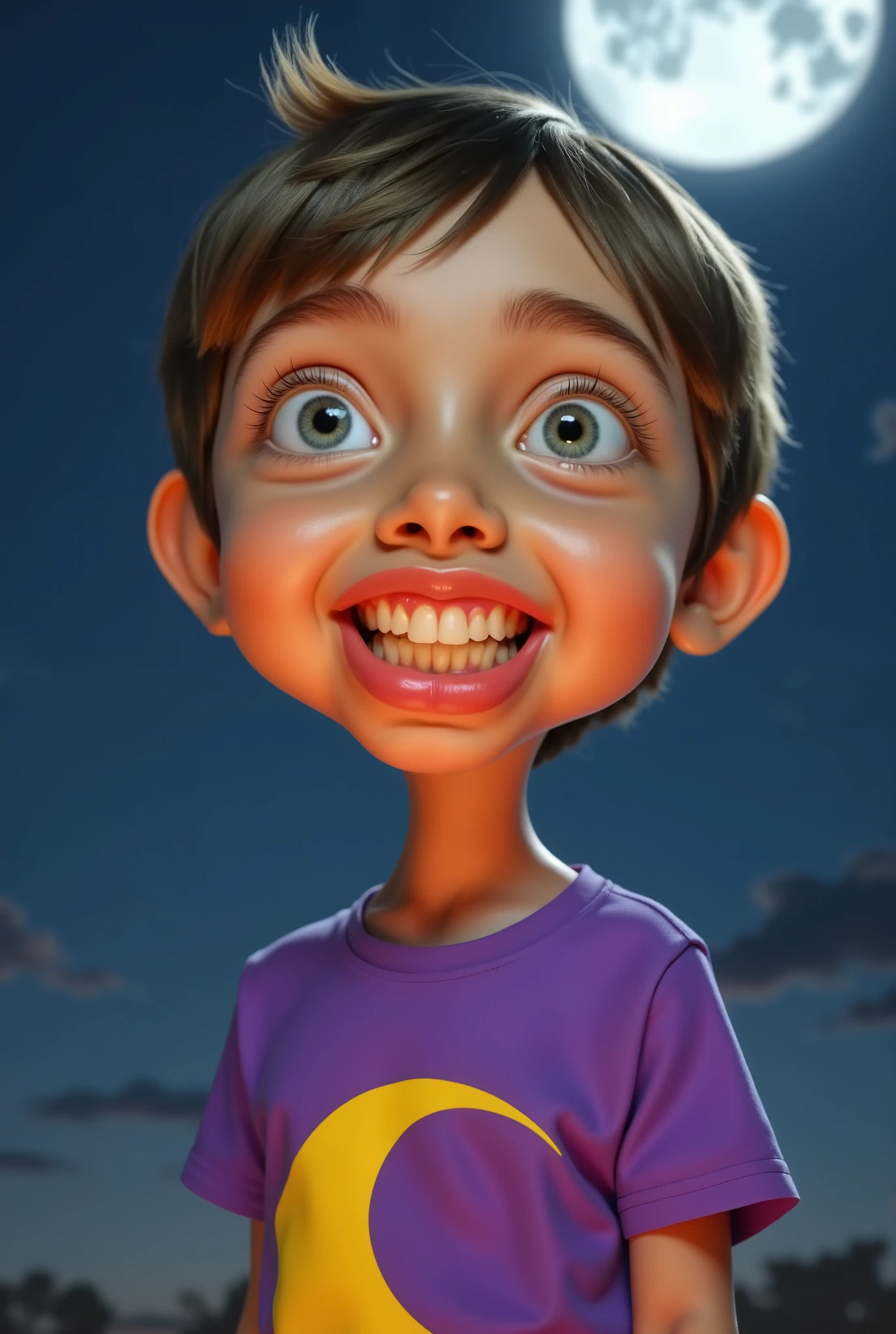 a cartoon caricature of a young boy wearing a purple t-shirt with a yellow half moon graphic design, under the moonlight, portrait, exaggerated features with a large nose and big eyes. Masterpiece, Best Quality, Realistic, glowing, textures, 4K.
