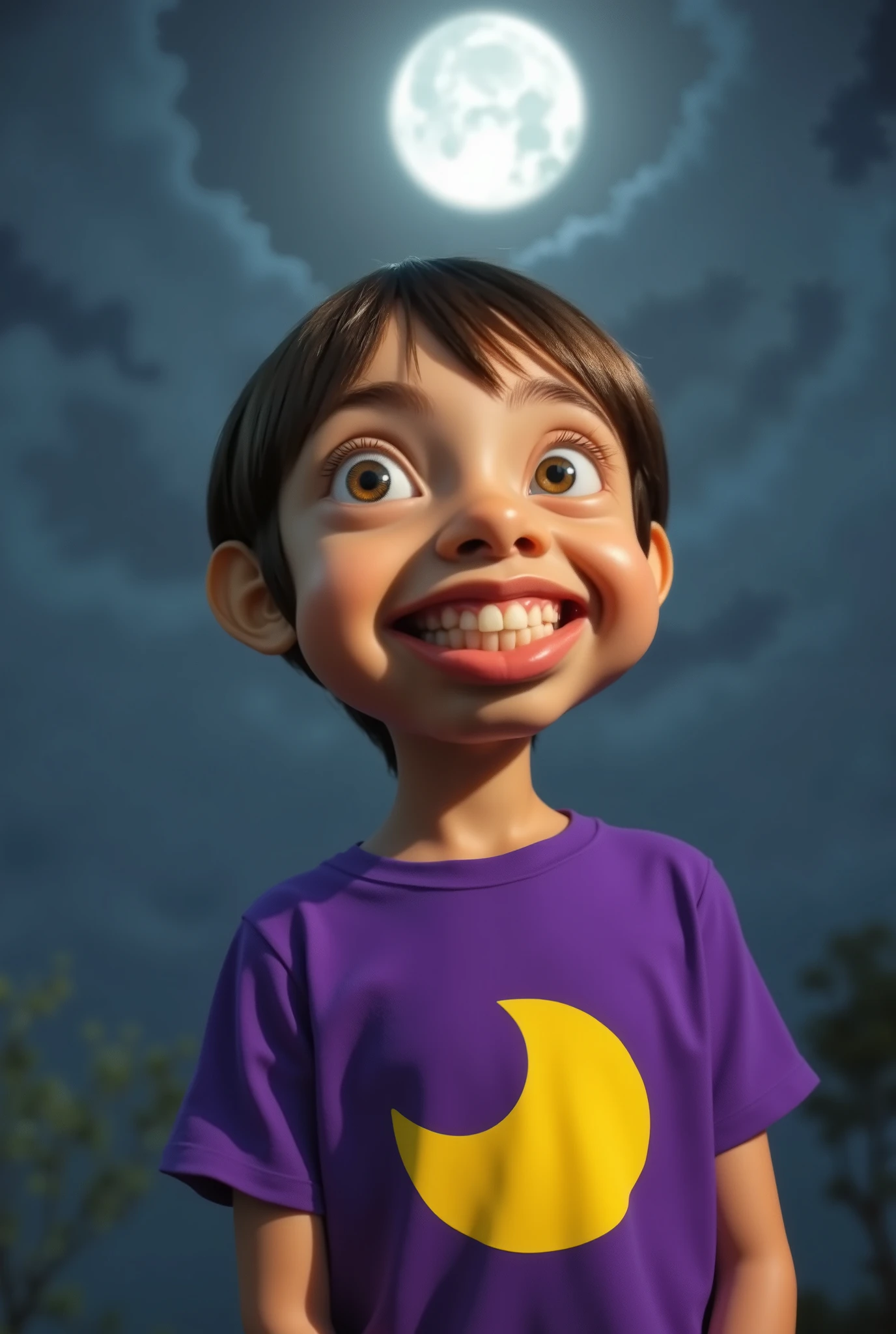 a cartoon caricature of a young boy wearing a purple t-shirt with a yellow half moon graphic design, under the moonlight, portrait, exaggerated features with a large nose and big eyes. Masterpiece, Best Quality, Realistic, glowing, textures, 4K.