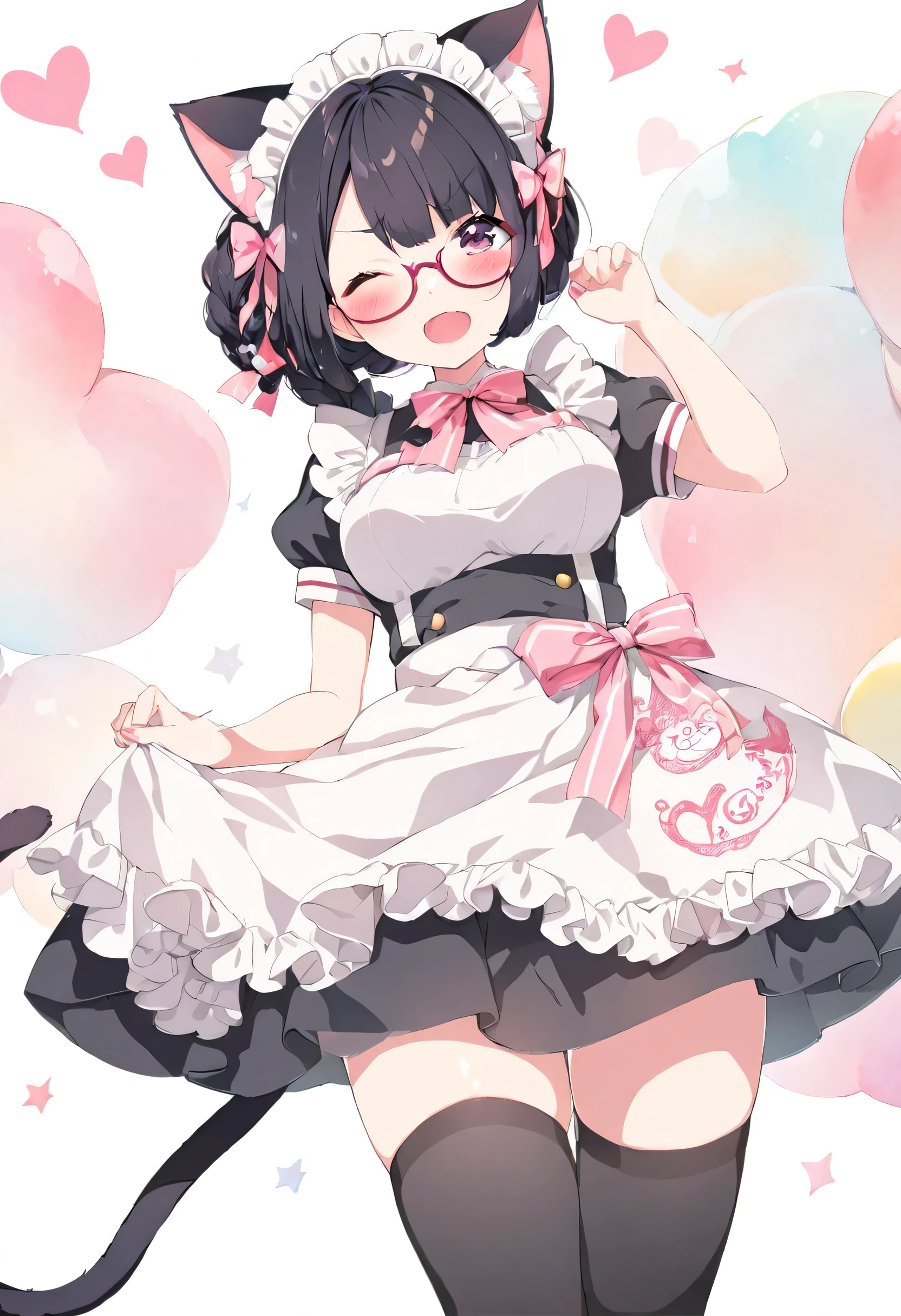 （Best Quality), , a girl, solo, sexy,(lovely), maid uniform, Short skirt, black hair, braid hairstyle, cat ears, a fluffy cat tail on your butt, wearing glasses ,gravure pose,  ((middle breasts)), Laughing, simple white background, A lot of pink hand-drawn cute hearts are flying in the background, winking, Kyoto Animation style illustration、Watercolor tone, Booty pose , wearing black tights on your legs, 