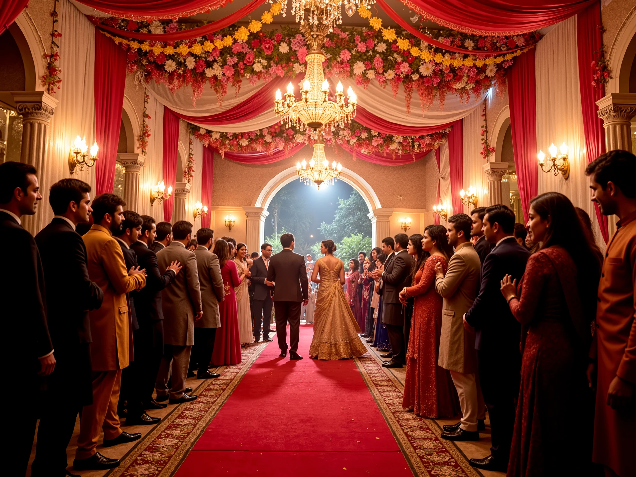 Photorealistic night scene of a vibrant Pakistani wedding entrance hall with colorful floral decorations, opulent draped fabrics, and a red carpet leading to a grand doorway. A decent amount of crowd of guests including small s in traditional attire (sherwanis, lehengas, and formal coats) are standing closely, laughing, taking pictures and with their hyper-realistic faces toward the POV camera as if intensely observing or waiting for the person entering. Their expressions range from curious to welcoming, with HDR lighting capturing every detail of their faces and attire. The atmosphere is vibrant and slightly overwhelming