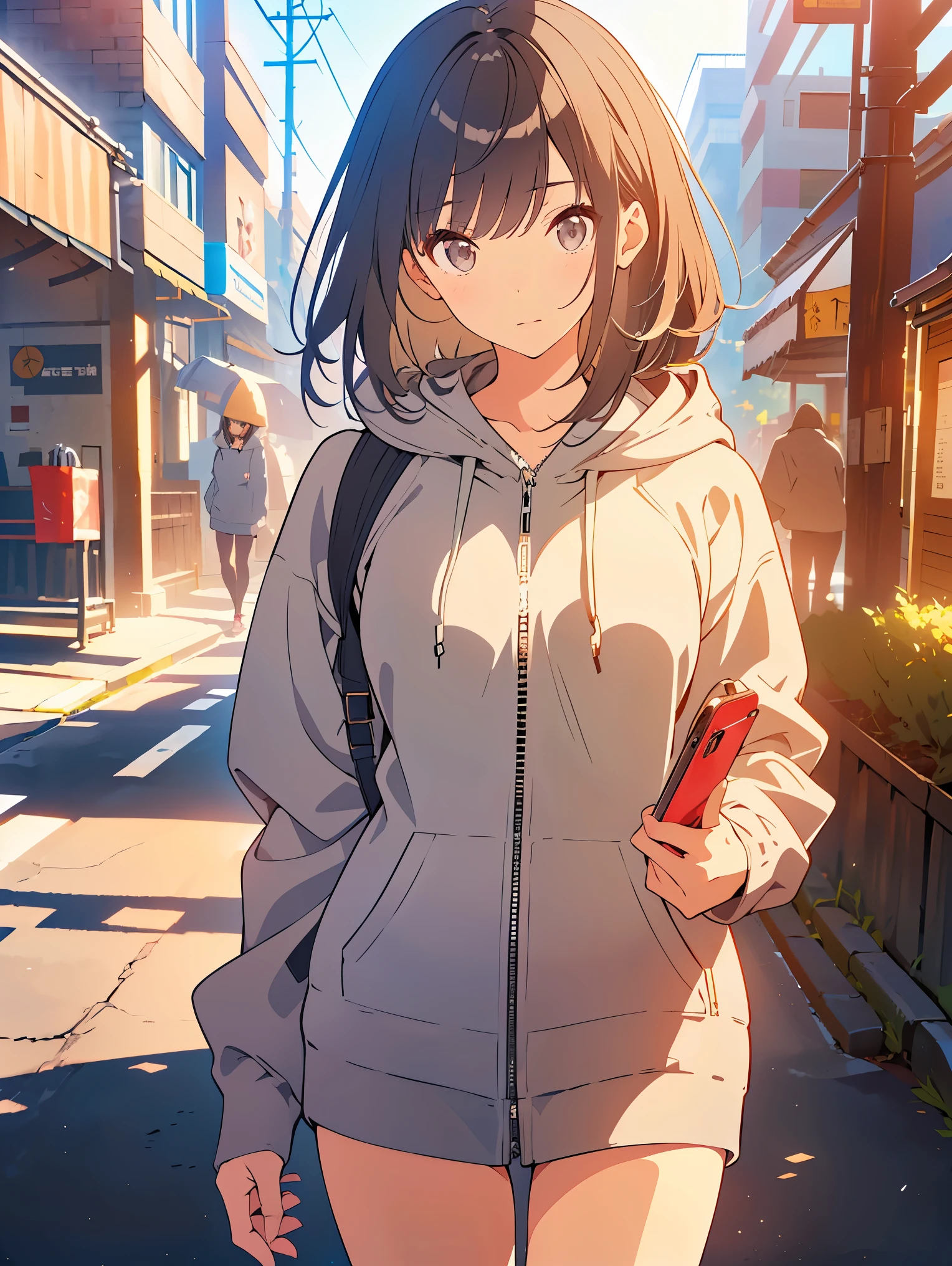 beautiful face, best quality, ultra high resnatural light, shiny skin, detailed skin, detailed face, detailed eyes, beautiful japanese girl, ((Wearing a gray zip-up hoodie)), Bluetooth earphones, (holding a smartphone in her right hand), brown hair, hair over shoulder, parted bangs
