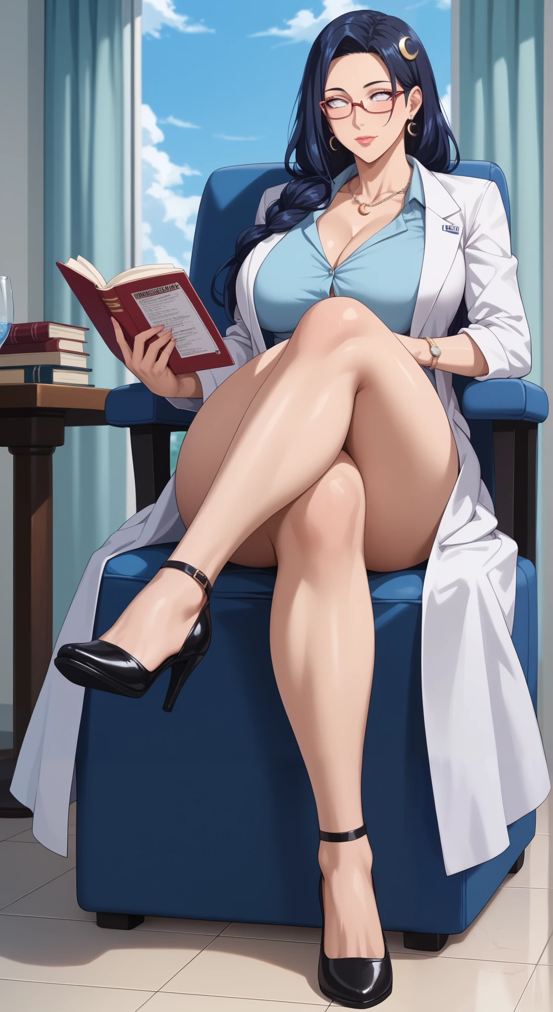 Score_9, Score_8_up, Score_7_up, Score_6_up, Score_5_up, Score_4_up, Source_anime, Tag1, Tag2, Quality_masterpiece, Anatomically correct, Beautiful face, Perfect face, Highly detailed beautiful face and eyes, Attractive face, Detailed face, Delicate facial features, Detailed skin, Huge breasted, Wide hips, Gargantuan butt, Sensual woman, mature female, milf, motherly, labcoat, glasses, Hyūga_Hinata's, Dark Blue hair, long hair, 1girl, mary test, White eyes, crescent Ornament Hair, Full Body, Sitting on Futuristic Chair, Reading Journal Of Her Last Experiment, At Laboratorium, Sci Fi Universe.