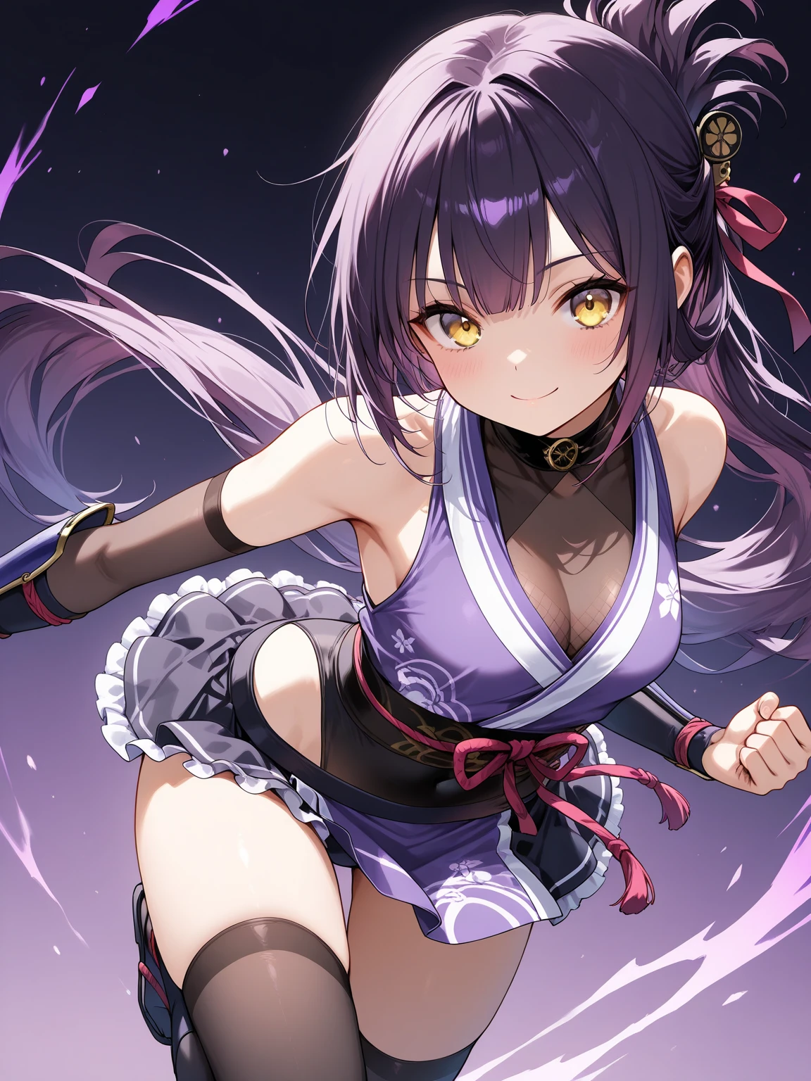 (Kunoichi in the late teens (only one person)), tying chestnut hair to a ponytail with a light green ribbon, big black eyes with a slightly raised corner of the eyes, lips are colored pink and beautiful, beautiful, fingertips Indigo long gloves with light purple knee socks and boots, (indigo-colored Kunoichi costumes (the shoulders of the kimono are cut off) (short hem with slits on the sides) (small on the kimono) Double-layered light purple garment with a light green belt) (both breasts inflating the chest of costumes))