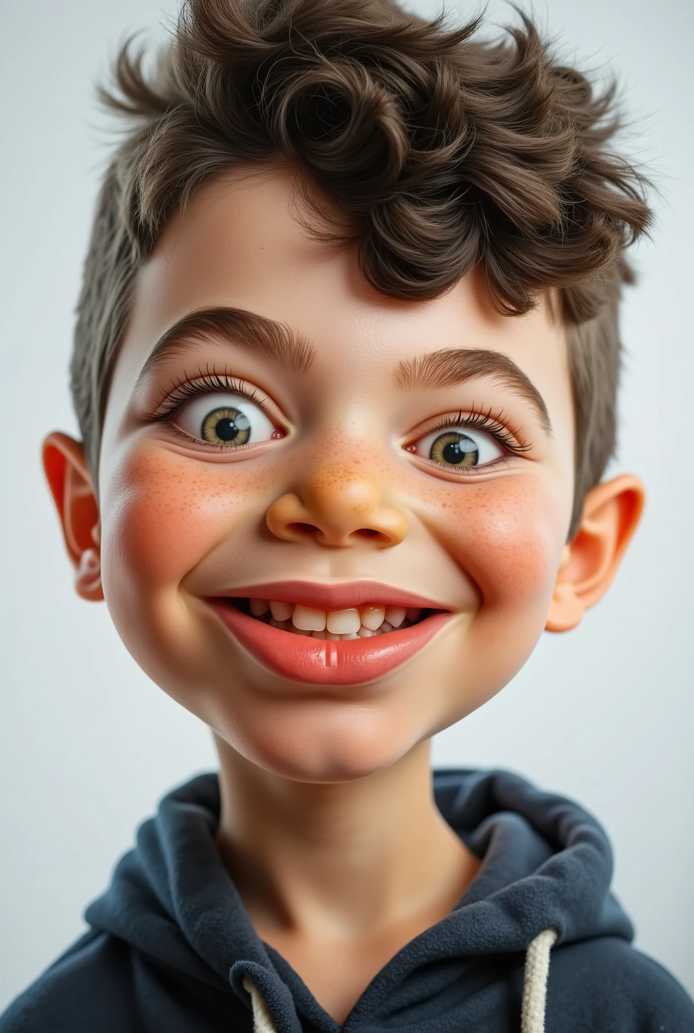 a cartoon caricature of a boy, portrait, exaggerated features with a large nose and big eyes. Masterpiece, Best Quality, Realistic, glowing, textures, 4K.