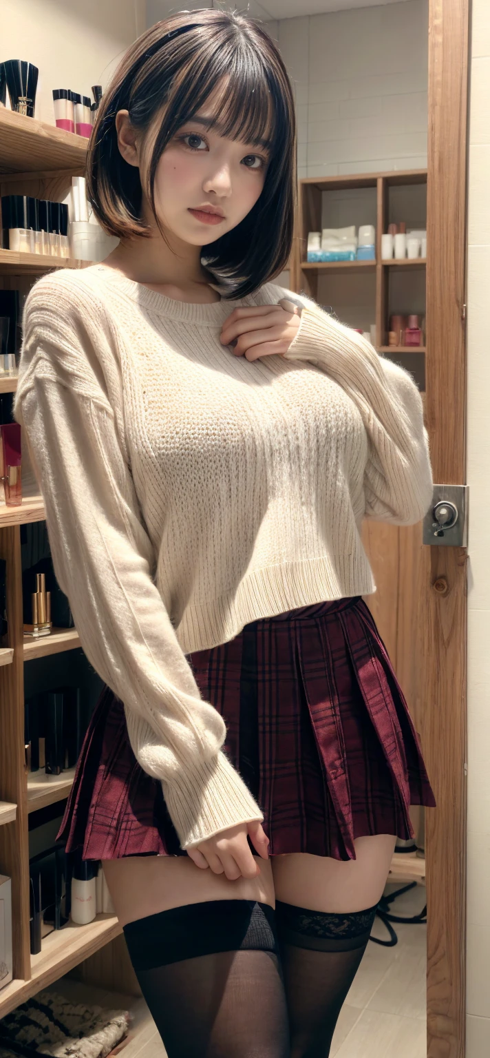 high quality,8K,high resolution,japanese woman,1 personality,A sloppy smile,tall,thick plump thighs,realistic texture,Face in Focus,hot spring,Muchimuchi,ponytail,(knitted sweater),mini skirt,garter belt,,,,,,,