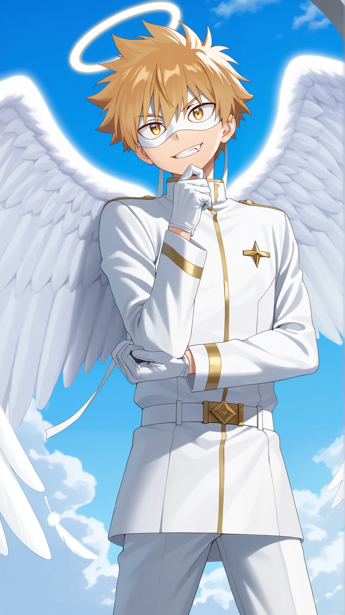 Full pure White hero masked men anime, solo, male focus,white angle uniform,white mask,white eye mask,glove,angel,1boy,mysterious grin,fang out,male focus,big white angel wing,angel halo,golden eye,day sky clouds heaven bankground,inuzuka shuu, blonde,thinking pose,stylish pose,male focus,one hand hold holy light energy star,