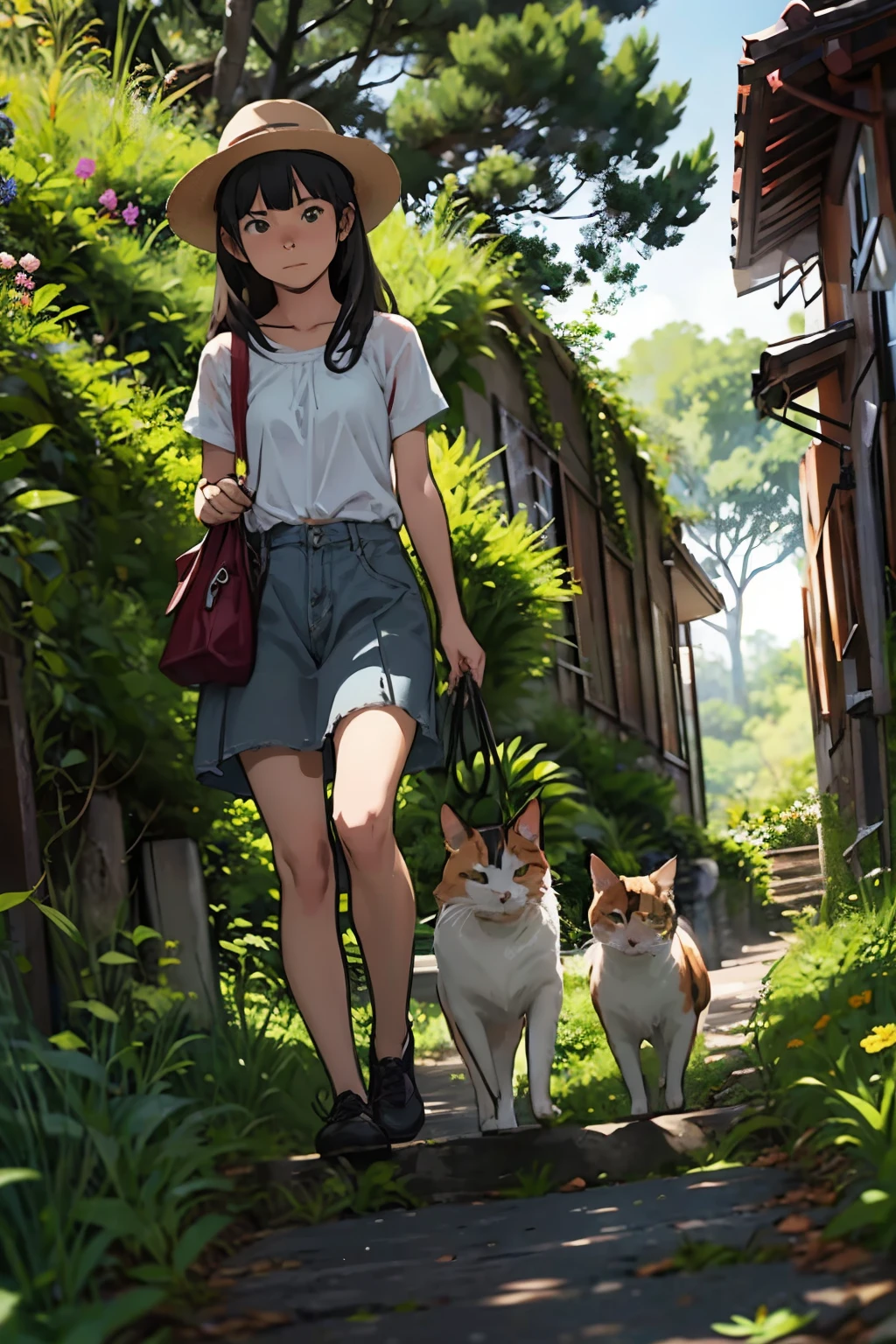 Two girls and a calico cat 、 Take a walk with a calico cat、On top of the stone walls of a Japanese castle ruins、 black hair, short hair while on a business trip、 long hair, hair tie , Hair Band , Hair Accessory , straw hat、 skirt 、 spotted sunlight 、Outdoors, nature, tree々、 Compa、rock、countryside、Suburban、( blur background)、4K、8k、 wallpaper、 best quality 、 HD、Masterpiece、
