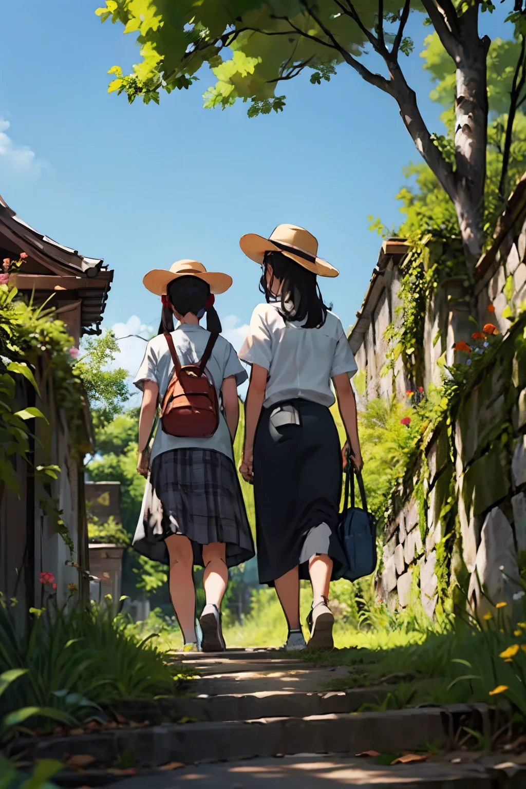 Two girls and a calico cat 、 Take a walk with a calico cat、On top of the stone walls of a Japanese castle ruins、 black hair, short hair while on a business trip、 long hair, hair tie , Hair Band , Hair Accessory , straw hat、 skirt 、 spotted sunlight 、Outdoors, nature, tree々、 Compa、rock、countryside、Suburban、( blur background)、4K、8k、 wallpaper、 best quality 、 HD、Masterpiece、