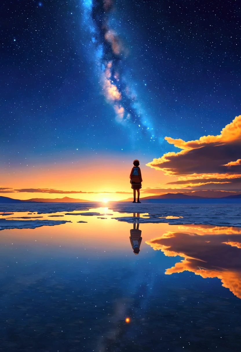   paints a simple picture in Tintin Pixie style , night空に星がある大きな水域の中の小さな少女, In Salar de Uyuni,  Incredible Reflections   del cielo,  Incredible Reflections  , Beautiful reflection,  Impressive Pictures ,  Grand and Impressive  ,   anime beautiful peace scene ,   Anime Real Anime Real  !!!!!!!!!   Nostalgic Animated Art Backgrounds  ,Anime Movie Backgrounds Best Ocean Art HD 8K  , starry sky , night
