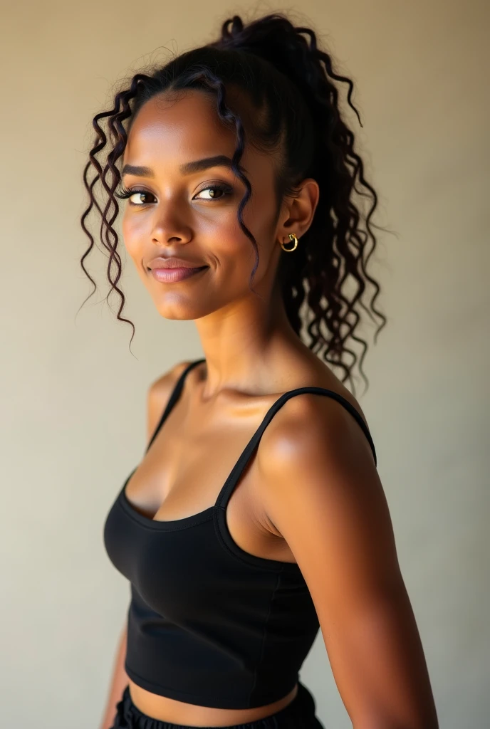Extreme close up, light skin curvy, busty, but fit african american wooman, in an extremely sexy black mini dress, hair slicked back, looking at the camera, hyper photorealistic