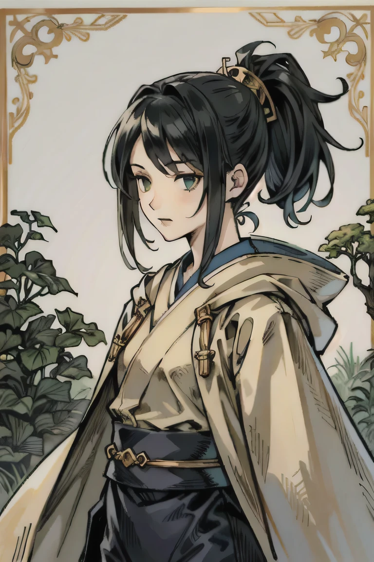 portrait of a woman, black hair, high ponytail, white pants, green fantasy japanese-style clothing, hood, gold jewelry, dark forest background