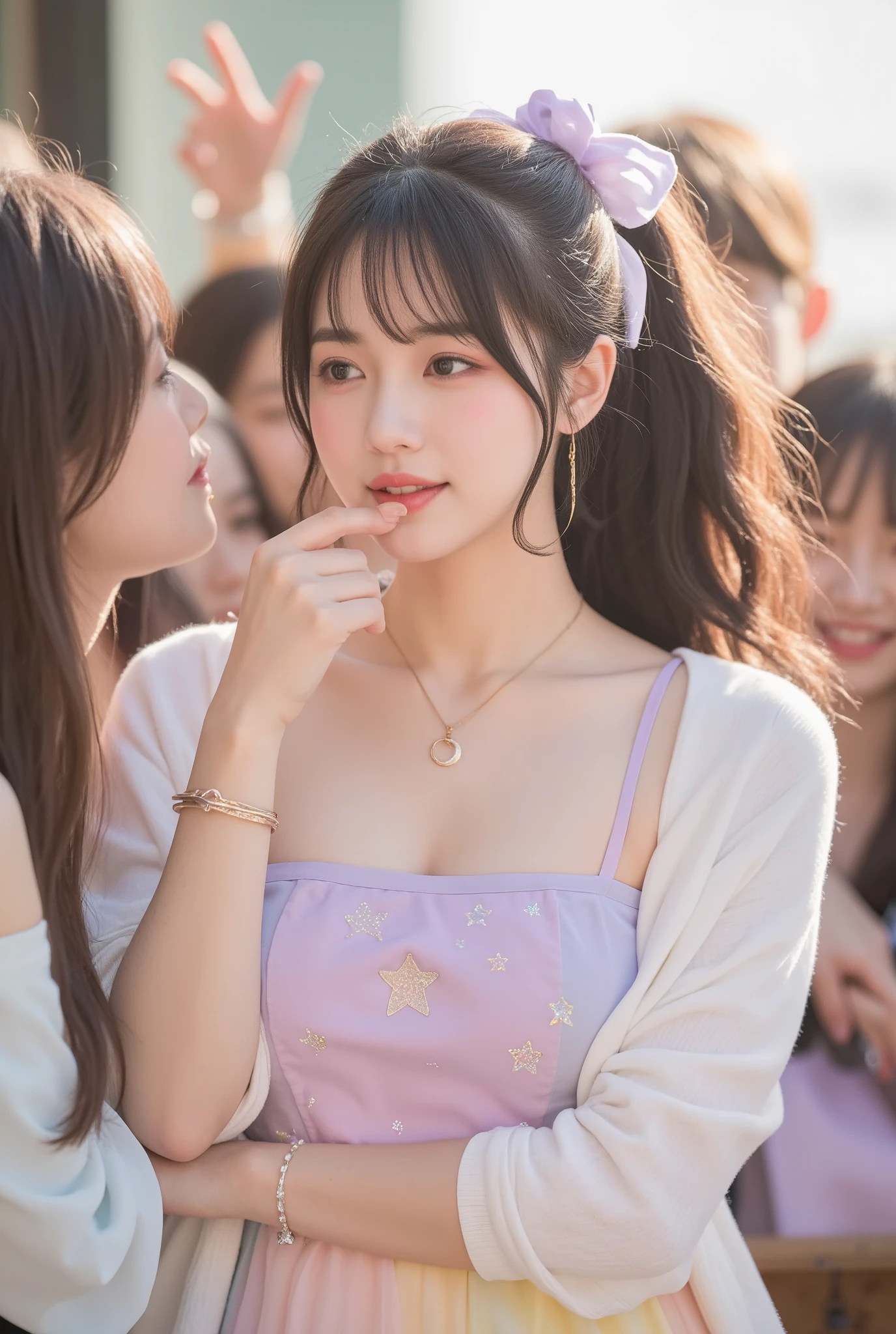 8K picture quality、top-quality、masutepiece、An ultra-high picture quality、ultra-detailliert、Ultra-realistic hair quality、Vibrant colors、Beautuful Women、Beautiful long hair、Shiny hair、detailed hairs、white hairs、poneyTail、purple eyes、shinny skin、Lace underwear、Very gigantic-breasts、Sweat on the forehead and cheeks、extremely big ass、Fluffy off-shoulder yukata、A smile、soft pink lips、Ultra-realistic flesh feeling、Red cheeks、summer festival in background