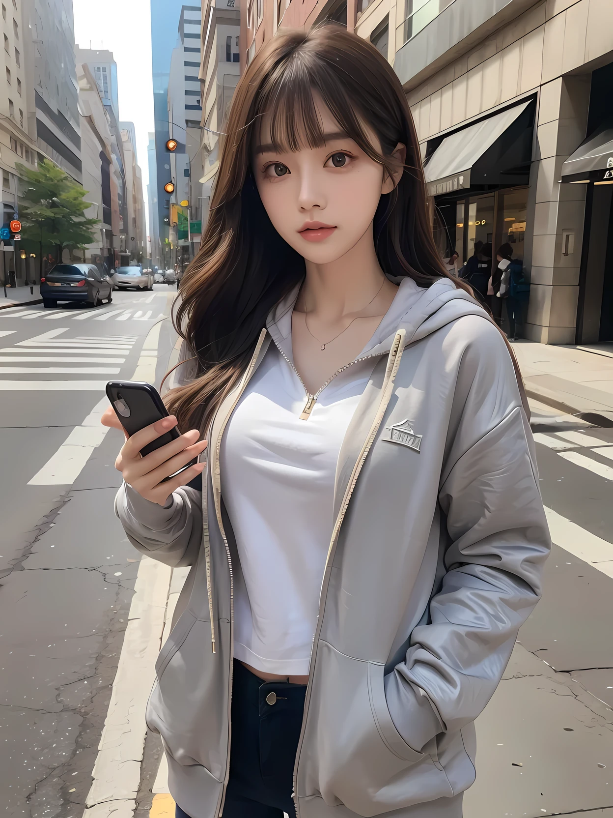 beautiful face, best quality, ultra high resnatural light, shiny skin, detailed skin, detailed face, detailed eyes, beautiful japanese girl, ((Wearing a gray zip-up hoodie)), Bluetooth earphones, (holding a smartphone in her right hand), brown hair, hair over shoulder, parted bangs