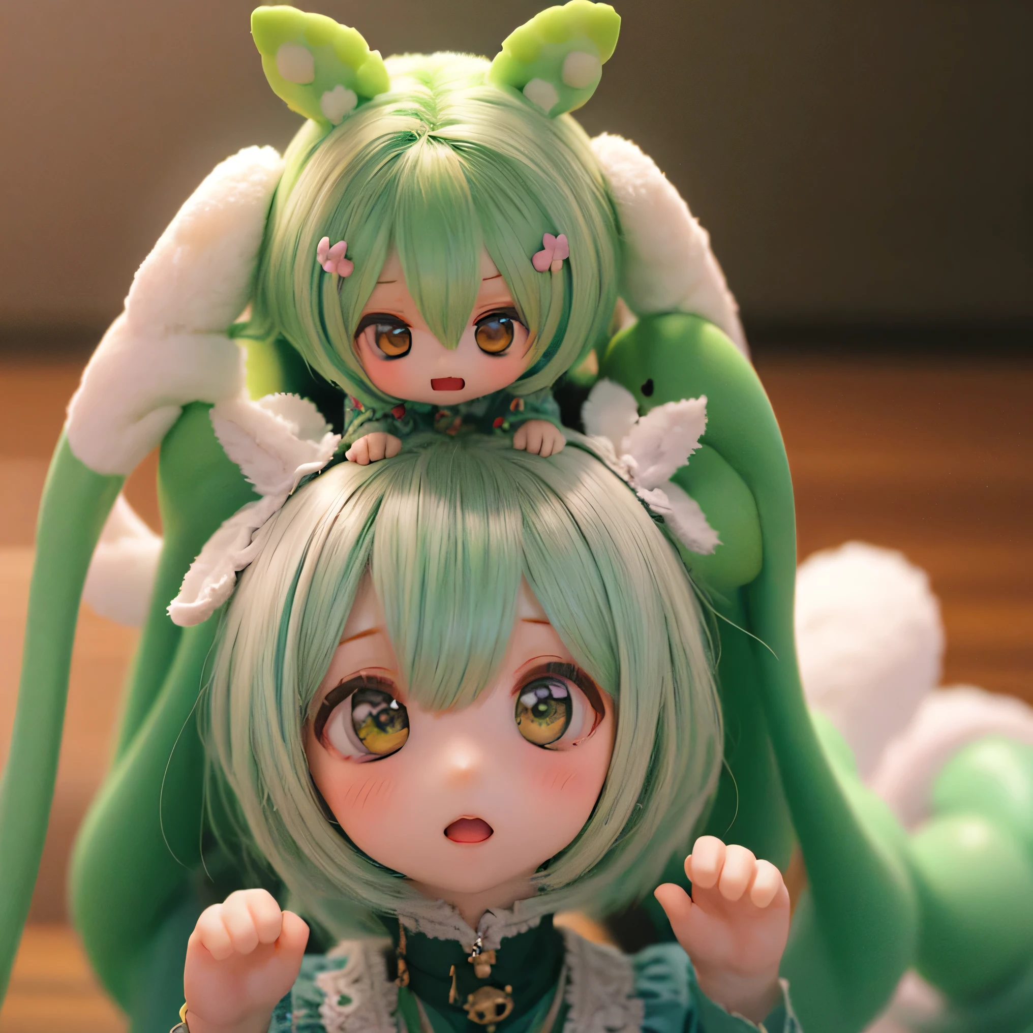    is cute  green-haired zundamon in playful pose, (   chibi), (((((( Mother )))))),        Detailed character design    ,      Intricate Details ,     super real with super high resolution  ,      photorealistic , 8k,     Masterpiece  ,      is high resolution,      bright color,      Soft Writing ,      natural light,  、 Warm Palette    ,  wonderful , Magical, Fantasy   ,    is cute ,    adorable, , Heartwarming、Edamame