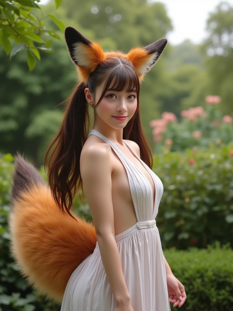 ((best quality)), ((masterpiece)), (detailed), perfect face, fox lady, pretty woman, public, A tail is growing, smile