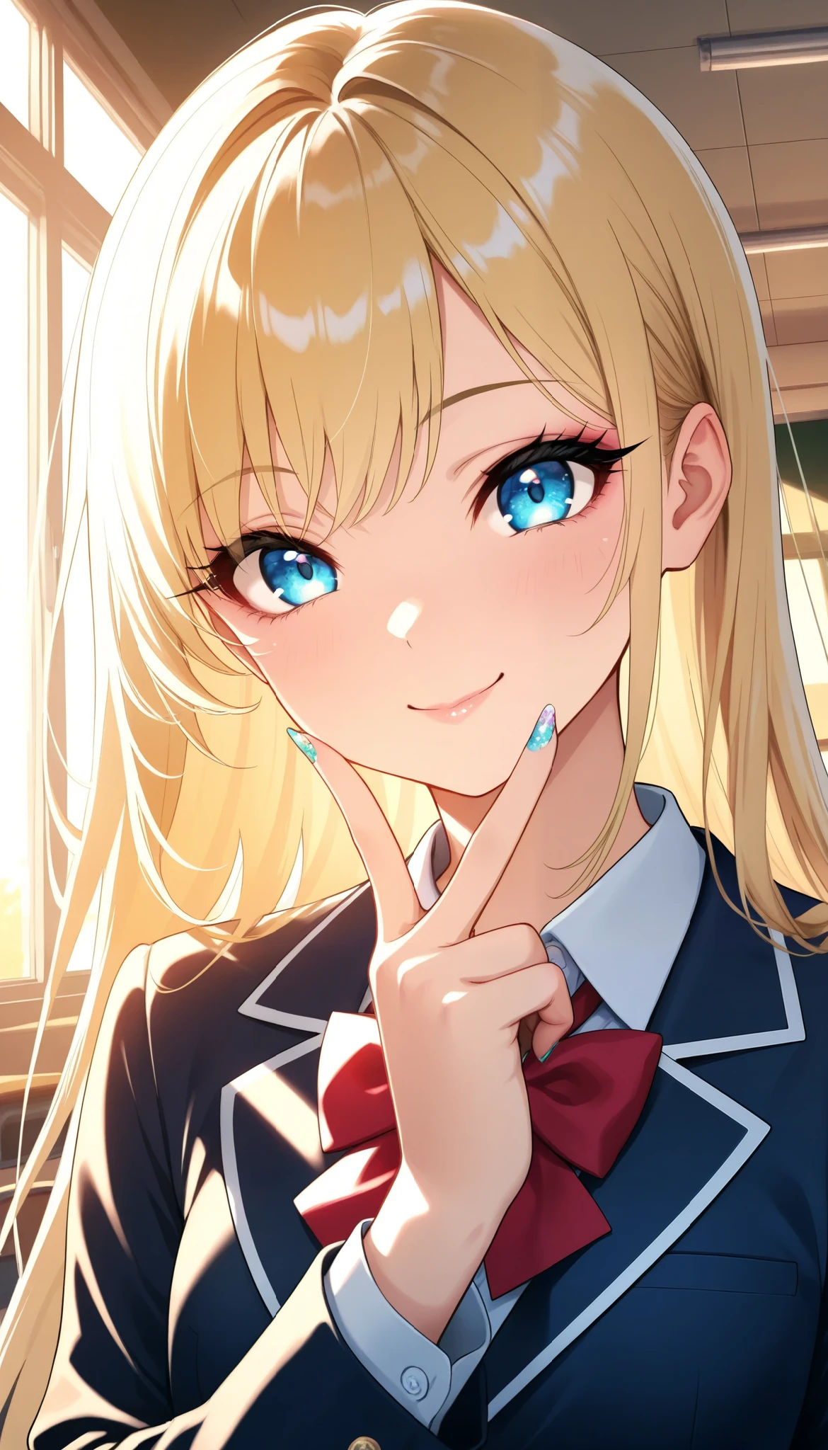  beautiful schoolgirl, Blonde,  Long Straight Hair, smile, Euphoric,  detailed color, beautiful detailed eyes,  beautiful detailed lips , 非常に detailed colorと特徴,  long eyelashes , School blazer , v-sign ,   hand sign, beautiful nail art, 4+1 finger, At the window in the classroom,  face close-up:1.2, Functional,  very detailed,  cinematic lighting ,  dramatic lighting,  bright colors,  detailed background ,  best quality ,  very aesthetic, masterpiece,  best image quality, up to date,
