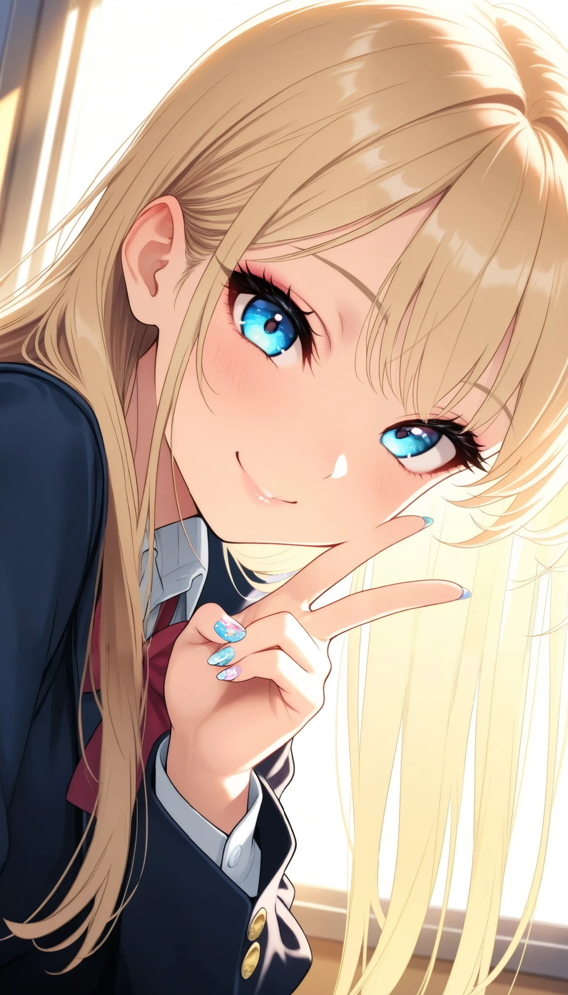 beautiful schoolgirl, Blonde, Long Straight Hair, smile, Euphoric, detailed color, beautiful detailed eyes, beautiful detailed lips , 非常に detailed colorと特徴, long eyelashes , School blazer , v-sign , hand sign, beautiful nail art, 4+1 finger, At the window in the classroom, face close-up:1.2, Functional, very detailed, cinematic lighting , dramatic lighting, bright colors, detailed background , best quality , very aesthetic, masterpiece, best image quality, up to date,
