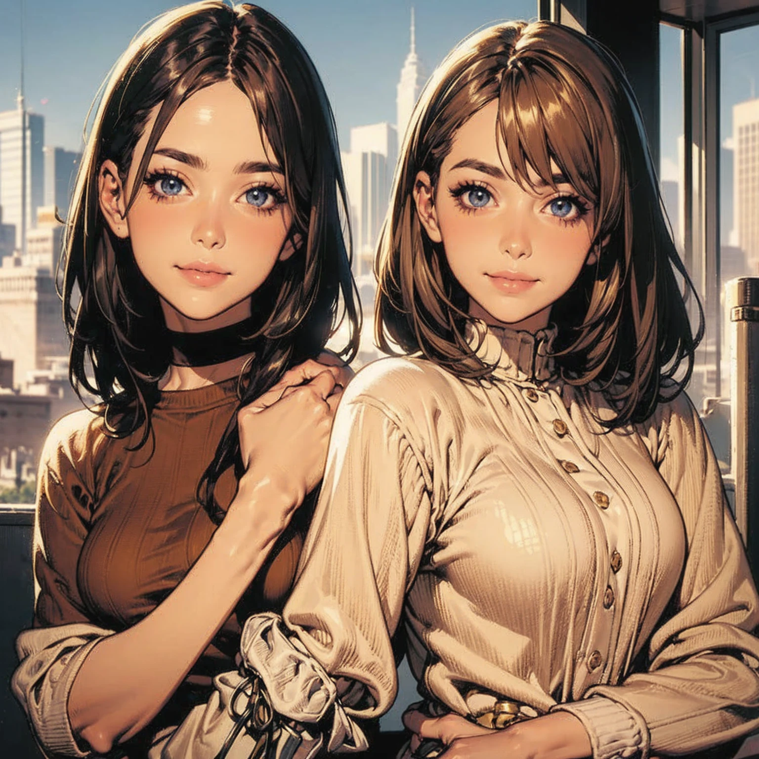 Absurd resolution, high resolution, (masterpiece: 1.4), super detailed, (((detailed face, detailed expression)), two girls, girl and girl, friends, best friends, classmates, relaxing, ponytail, bob, sitting on bed, sitting on the floor, two people conversing, background in room, friends, best friend, home, 1K, small room, curtains, bed, TV, desk, room wear, kyoto animation, The atmosphere of Kyoto Animation, (tearful)