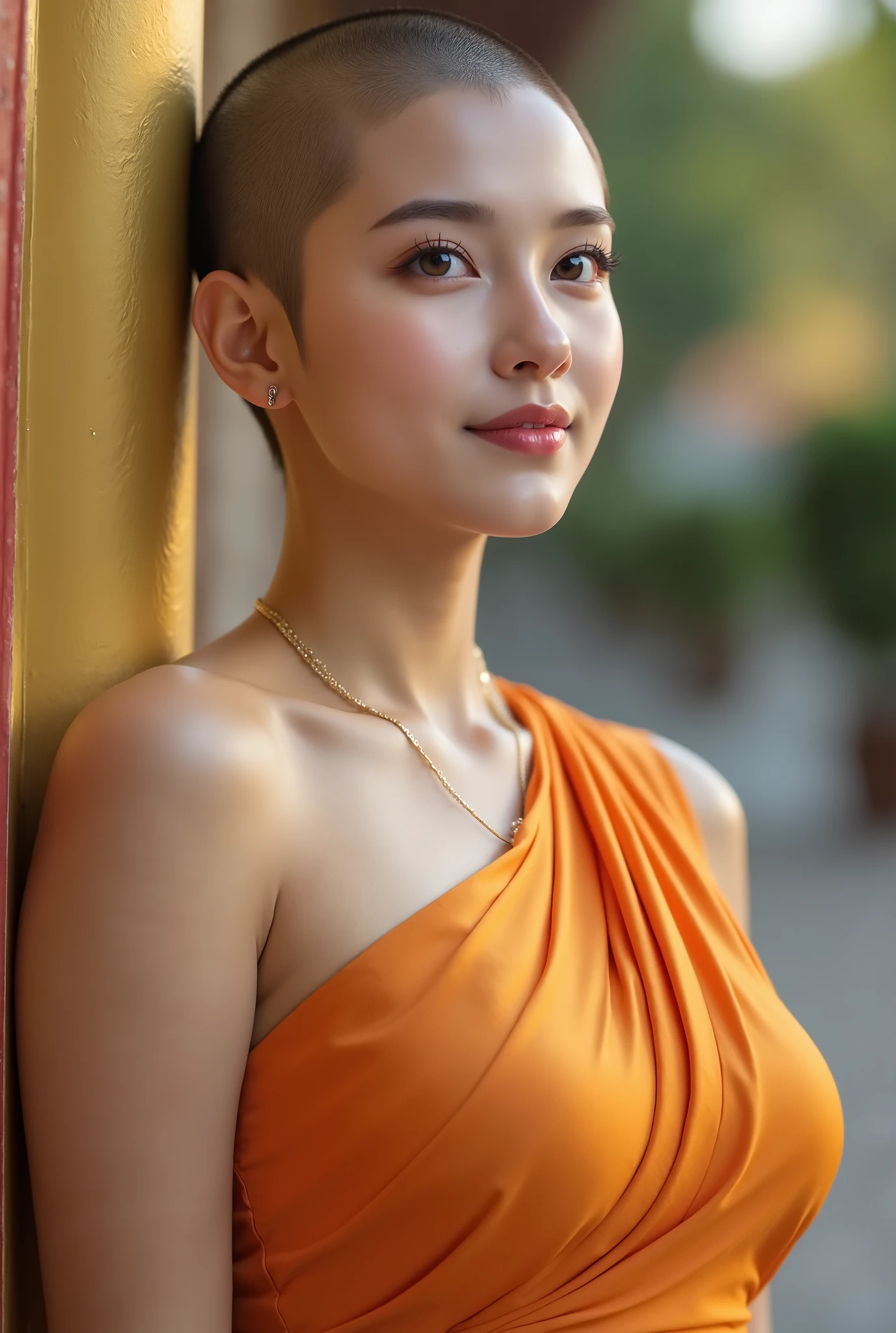 (( Hairstyle Has Her Head Shaved , survivor )), (Cute Thai Woman ), Nun wearing orange clothes, super big breasts, age 20, 8k, photoshoot, photorealism, portrait , professional lighting , 85mm lens, allows depth of field, The skin has a delicate glow, Eye color: black , Eyes rise, eyes are slightly apart , full lips , chubby, (Yuko Oshima), Thai Temple
