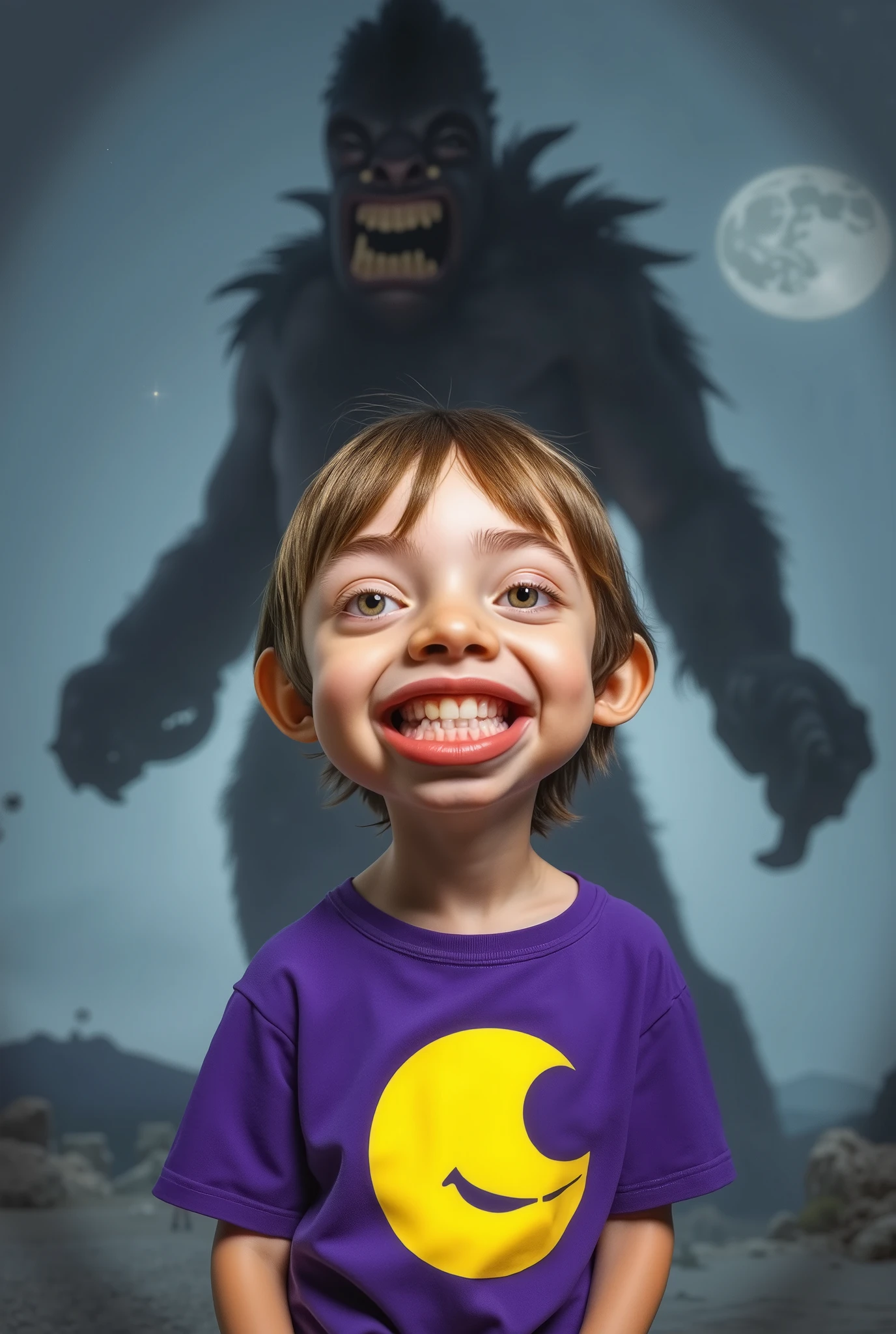 a cartoon caricature of a young boy wearing a purple t-shirt with a yellow half moon graphic design, under the moonlight, portrait, exaggerated features with a large nose and big eyes. Masterpiece, Best Quality, Realistic, glowing, textures, 4K. Silhuette of Giant Monster background.