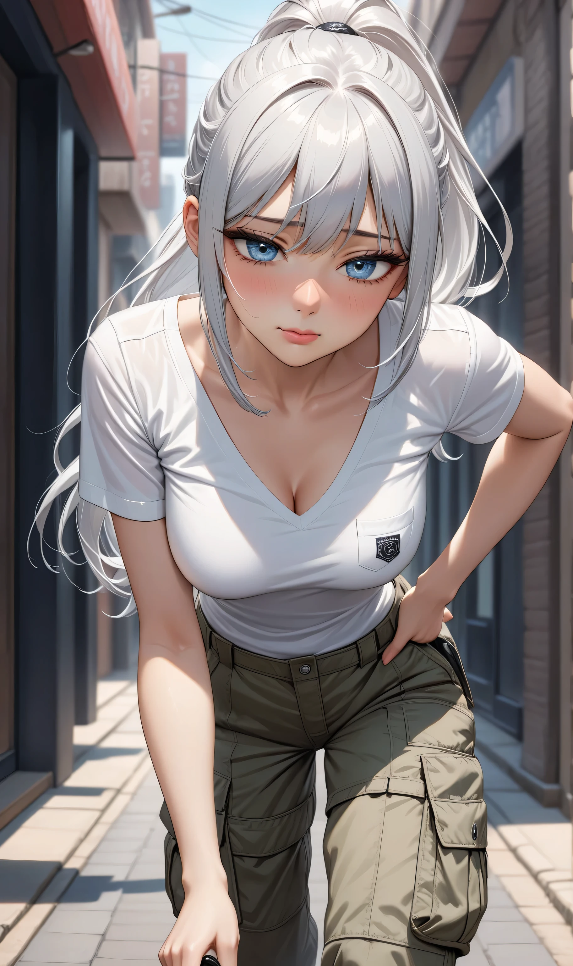 by Kohei Horikoshi, 1girl, body shot, pale skin, beauty mark under one eye, curious expression, large eyelashes, white shirt, big breasts, black pants, long straight white hair, detailed,