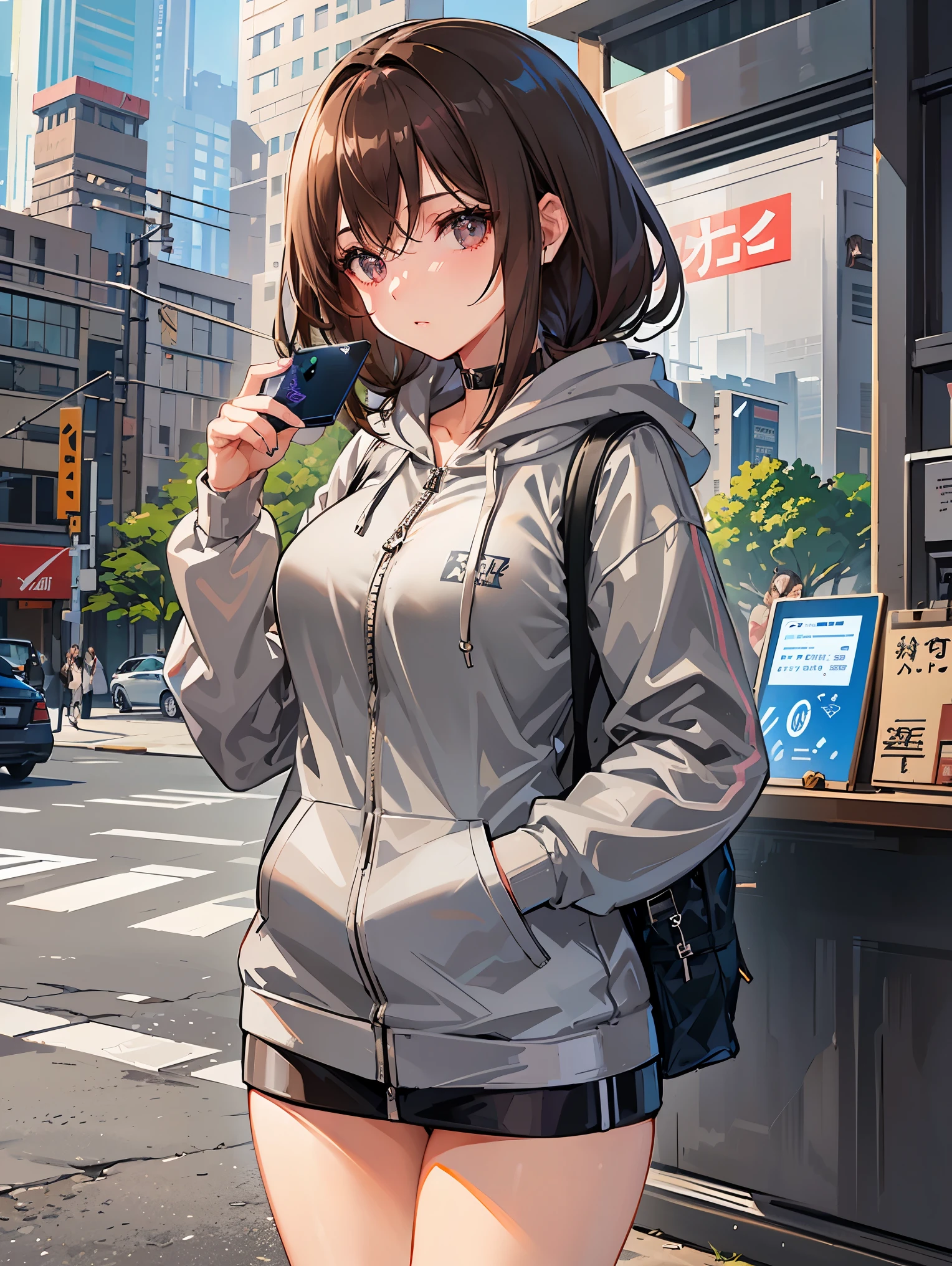 beautiful face, best quality, ultra high resnatural light, shiny skin, detailed skin, detailed face, detailed eyes, beautiful japanese girl, ((Wearing a gray zip-up hoodie)), Bluetooth earphones, (holding a smartphone in her right hand), brown hair, hair over shoulder, parted bangs