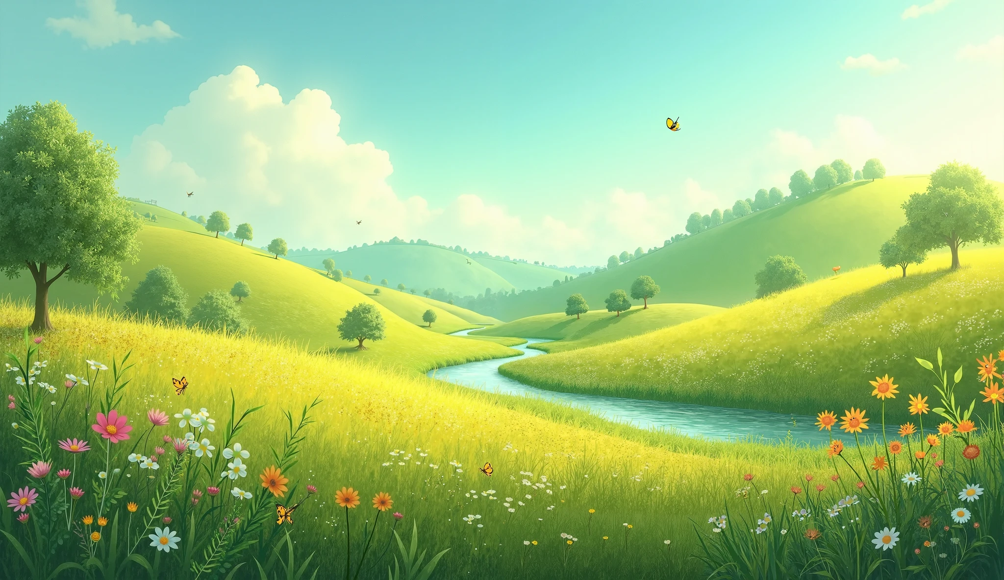 There is a painting of a green valley with a stream running through it ...