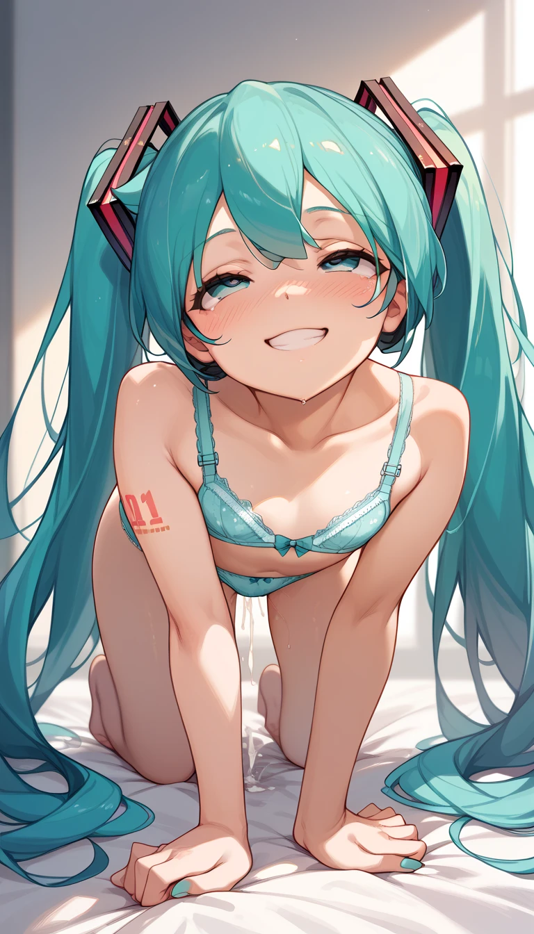 ,cute,poor tits,1girls,hatunemiku(fullbody),hairribbon,(naked),open,eyes, (pussy all open)