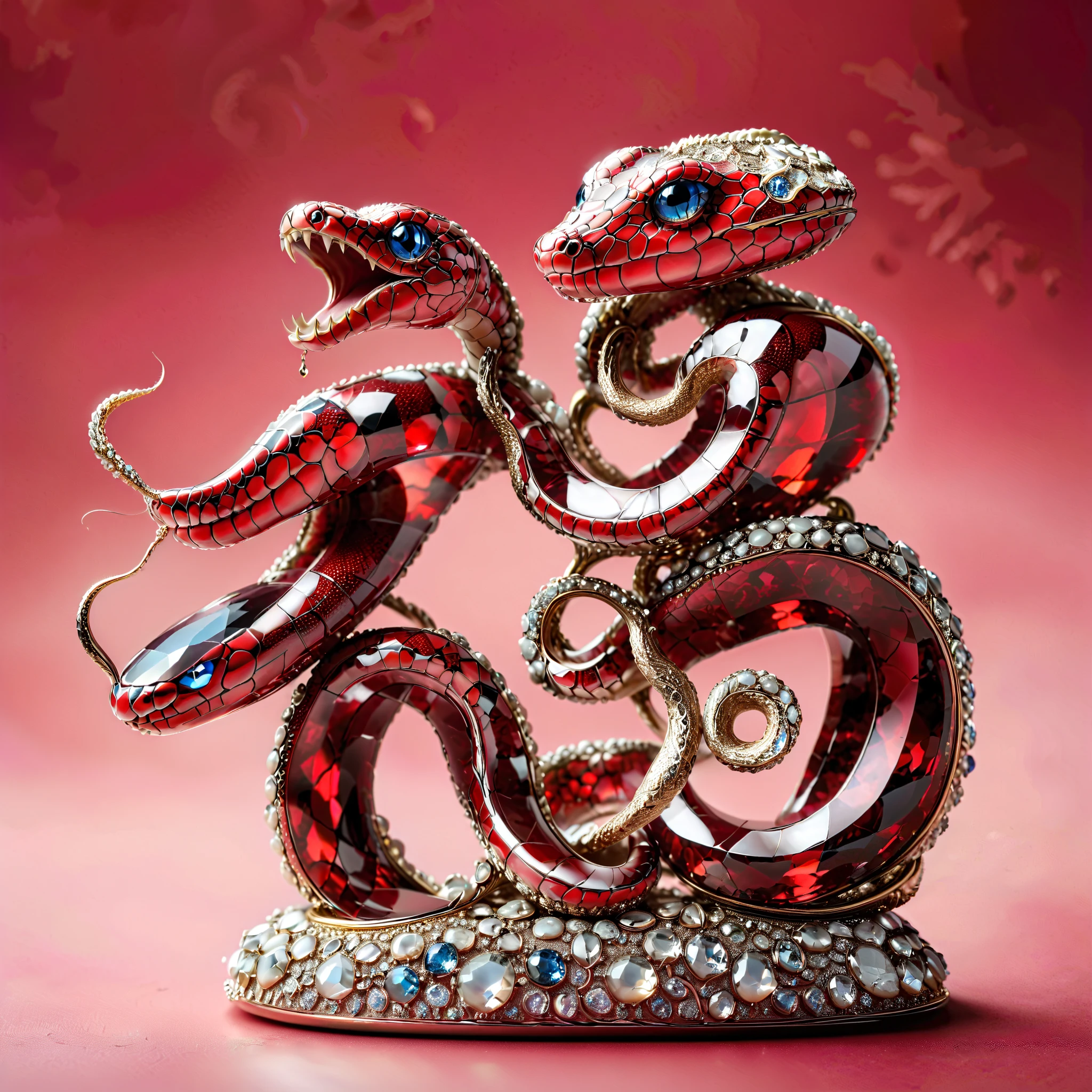   masterpiece.   The exquisite decoration    ，  Depicts a red snake in Malagasy tourmaline ，    precious gemstone    .     Exquisite craftsmanship    .     high quality   .    excellent improvement    . ((       super detailed    )).  Table decoration    ，     and beautifully decorated jewels with mother-of-pearl   , opal, ruby. lapis lazuli.   masterpiece hors norme.    A gorgeous and authentic    .     ultra-realistic  .. ((       red background   ))