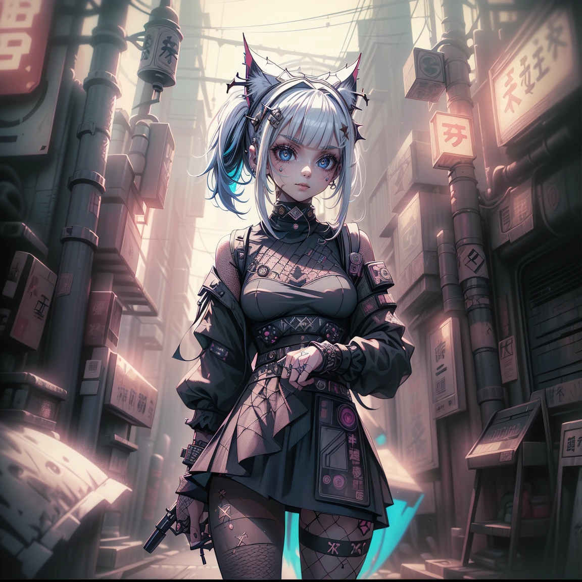 (8K、Best image quality、Highest quality、masterpiece) 、Gothic Punk、One Girl、White hair in twin tails、blue eyes、Earrings、((Cat ears headgear))、Moderate bust、Black Shirt、No sleeve、White tie、Black jacket、Black mini pleated skirt、Shooting from below、Cowboy Shot、Neon street background at night、Organic Armor Cyborg、Machine Armor、Armor Texture、Perfect Anatomy,Five perfect fingers,Vibrant colors,wonderful,Ultra-fine illustrations、break、(Dark Elf), Perfect Face, Get used to it, Ahoge, ((Long Hair:1.2)), (Hair above one eye:1.3), [[Messy Hair]], Shiny blonde white hair, Purple eyes, Variegated eyes, Colorful Hair, Shining Eyes, (eyelash, eye shadow, pink eye shadow), bright, smile, Design Art：haruhiko mikimoto, by Kawashi, By Yoshitaka Amano, Dark Skin