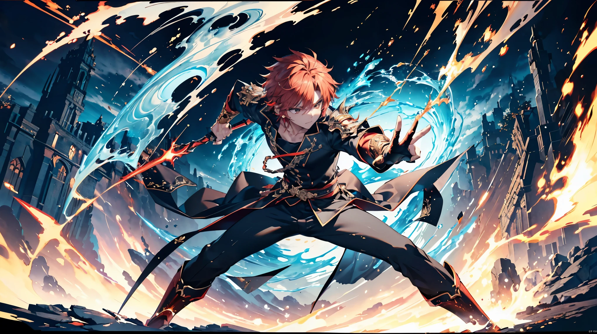 masterpiece, ((best quality, delicate hair, delicate eyes, ultra-detailed,)) ((male, handsome male, sharp golden eyes, androgynous face, bright red hair)), ((golden eyes, mysterious appearance, muscular, wearing disheveled black shirt, black skinny pants, red dual swords, dual-handed sword stance, precise sword stance, swordsmanship posture)), sword master, (dynamic pose, battle stance, cloudy sky background, detailed anime style illustration, intense expression, aura of hidden power, flames and sparks, extremely detailed, strong shadows), ((proper hand anatomy:1.4)), ((proper body anatomy:1.4)), ((proper leg anatomy:1.4)), ash, ice, ink wash painting, ink splashing, color splashing, action lines, motion blur, dramatic lighting, sword reflection