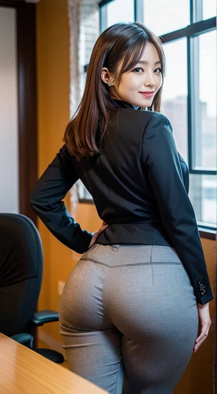 (Top Quality, 8k, 32k, Masterpiece, UHD: 1.2), 1 girl, beautiful Japan woman, constricted waist, gray suit, office lady, suit, pants, from behind, office, desk, butt sticking out Branded Hair color is gold Big breasts Stick your ass out behind