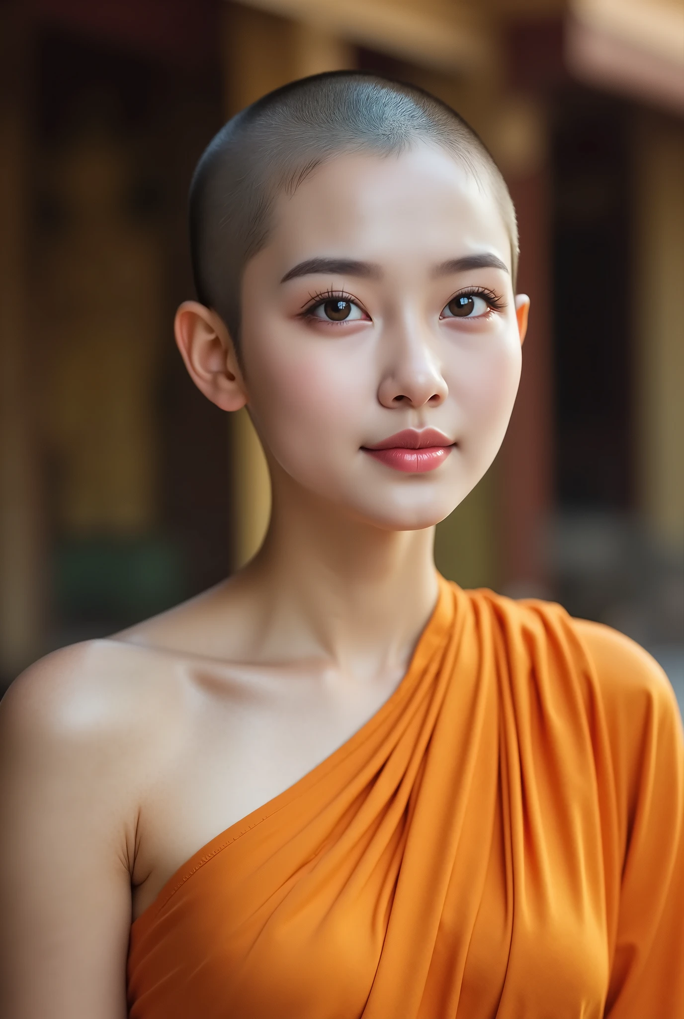 (( Hairstyle Has Her Head Shaved , survivor )), (Cute Thai Woman ), Nun wearing orange clothes, super big breasts, age 20, 8k, photoshoot, photorealism, portrait , professional lighting , 85mm lens, allows depth of field, The skin has a delicate glow, Eye color: black , Eyes rise, eyes are slightly apart , full lips , chubby, (Yuko Oshima), Thai Temple