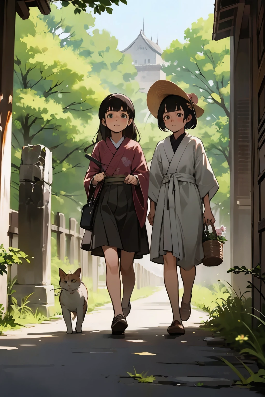 Two girls and a calico cat 、 (Take a walk with a calico cat :1.2)、On top of the stone walls of a Japanese castle ruins、 black hair, short hair while on a business trip、 long hair, hair tie , Hair Band , Hair Accessory , straw hat、 skirt 、 spotted sunlight 、Outdoors, nature, tree々、 Compa、rock、countryside、Suburban、( blur background)、4K、8k、 wallpaper、 best quality 、 HD、Masterpiece、