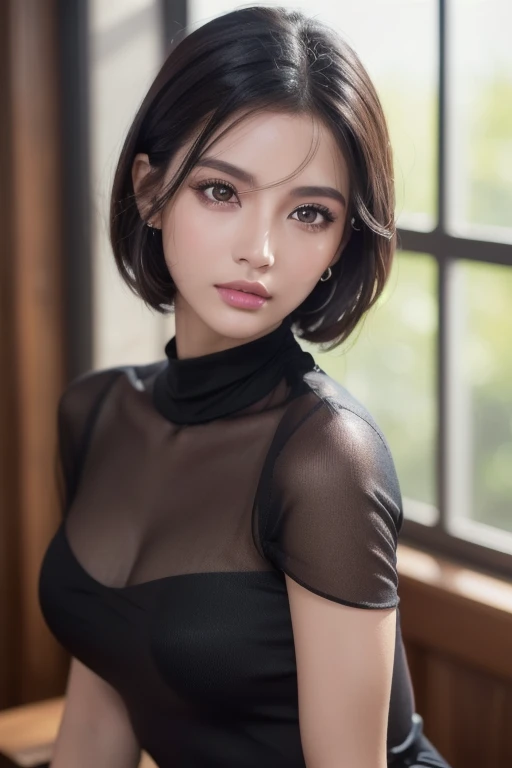 (absurd, hd, super detailed), (1 male, single, adult, mature: 1.4, age: 1.4, tall, handsome), fine eye and face portrayal, extremely short hair, black hair, hair oil, distinct hair, green eyes, (pointed chin: 1.4, thick neck: 1.4, thick eyebrows: 1.4), BREAK, night, dark, night view of the city through large windows, shirt, suit, break, upper body,