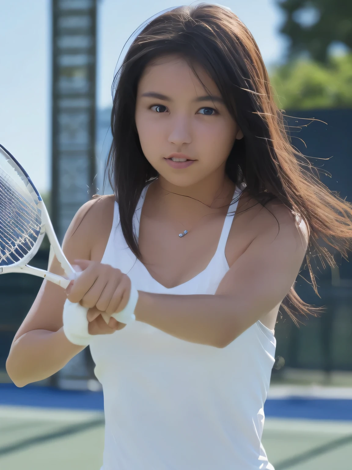 Only one female, (Tennis Wear) (Stylish clothing), Korean beauty 20 years old, / View from the front, A gentle blushing smile, (Masterpiece Top quality:1.2) 、looking at the camera、Super detailed, large breasts break (Holding a tennis racket) break (Tennis court) Outdoor