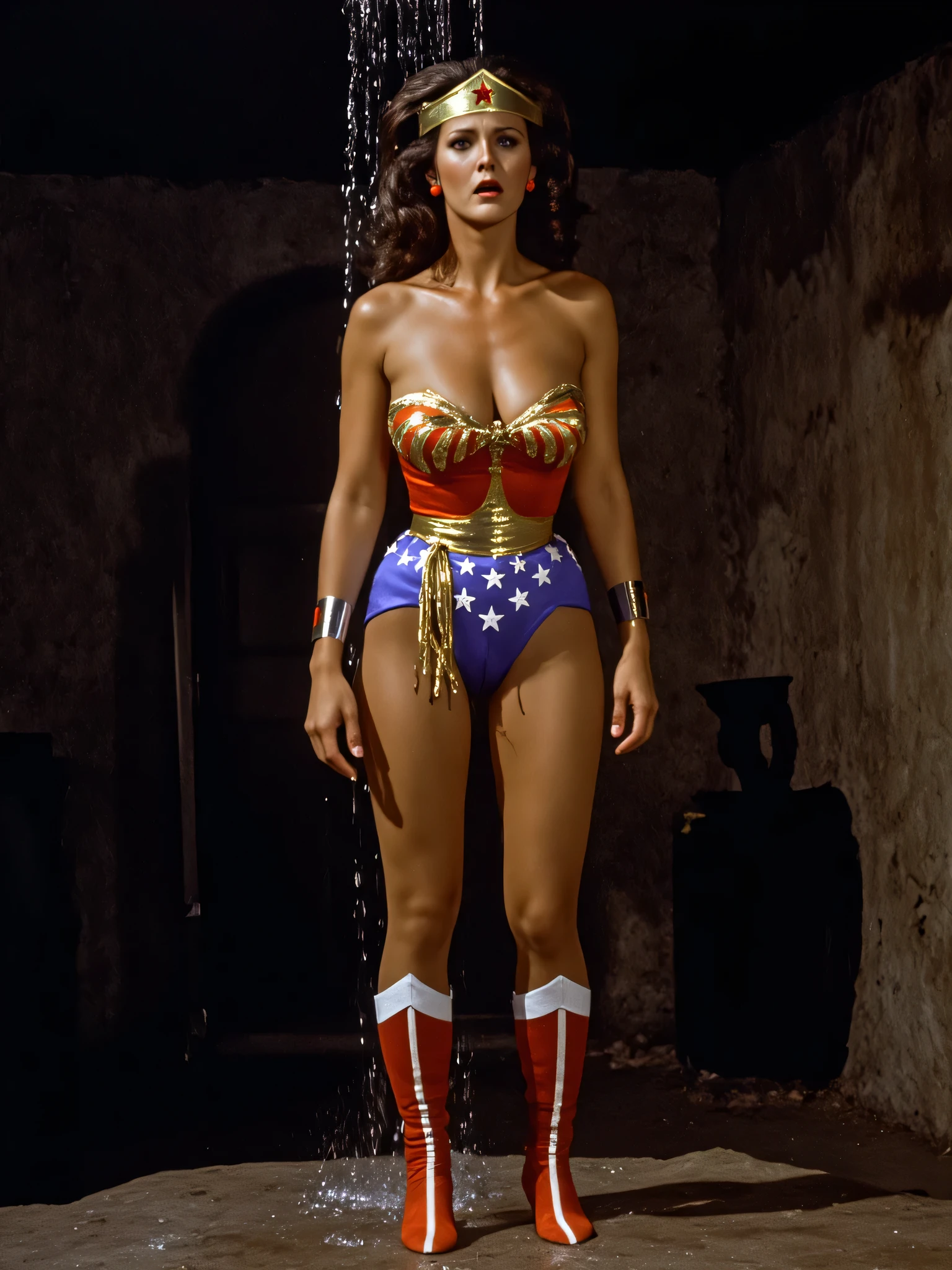 Lynda Carter as Wonder Woman, very dark hazy scene from a pornographic movie, shocking defeat and humiliation, she is captured and tortured, her naked breasts and hard pokie wet nipples are being teased and licked, water is pouring down around her, bare forhead, her skin is dripping wet and shiny reflective with water, her top is wrinkled under her chest, she is hurt and powerless, standing weak legs and feet on top of dark wet concrete in hazy dripping wet dungeon, so beautiful and sexy as she is suffering, wet open mouth, sweaty skin, a vision of a beautiful victim, nsfw
