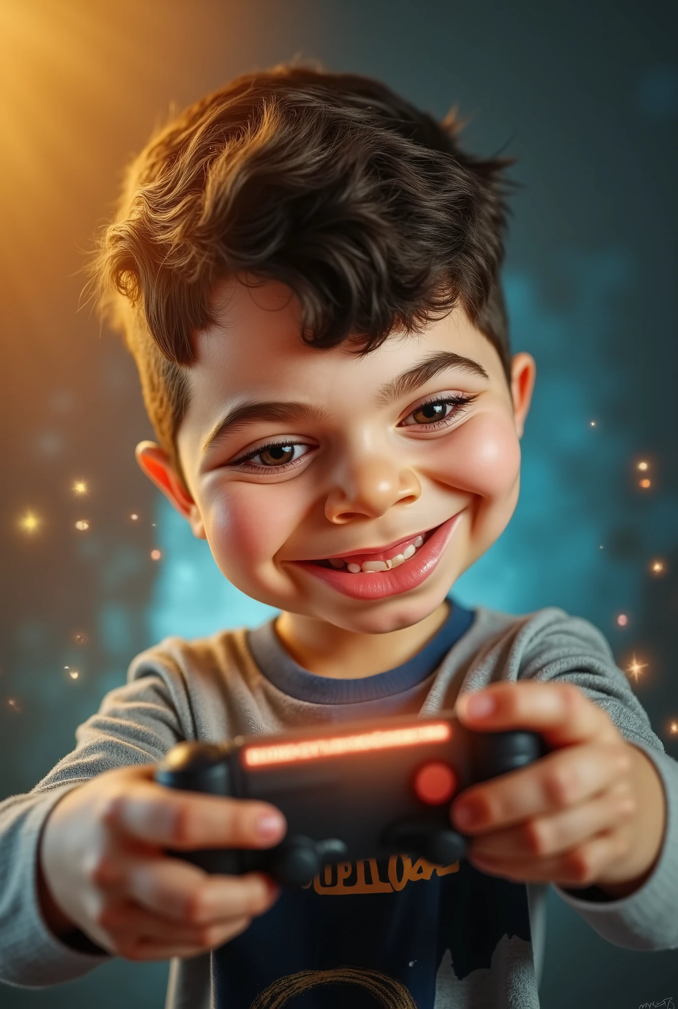 a cartoon caricature of a boy playing vídeo game on smartphone, portrait, exaggerated features with a large nose and big eyes. Glowing cinematic lighting background.