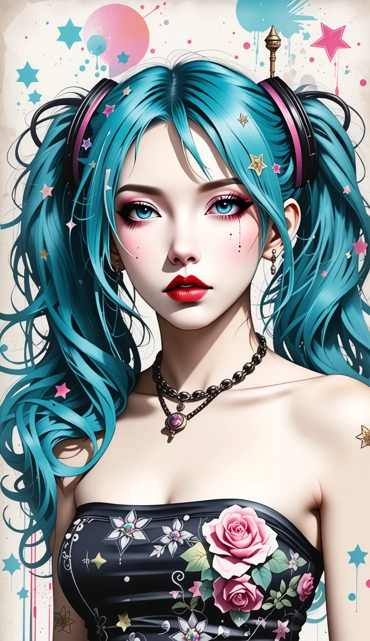 (masterpiece, highres, high resolution:1.2), anime 20 yo girl, hatsune miku from vocaloid, blue hair, blue eyes, portrait, shoulders up, illustration. drawn, blushing, solo, surprised, freckles, big lips, huge breasts, perfect body, wearing a tube top, no hands.