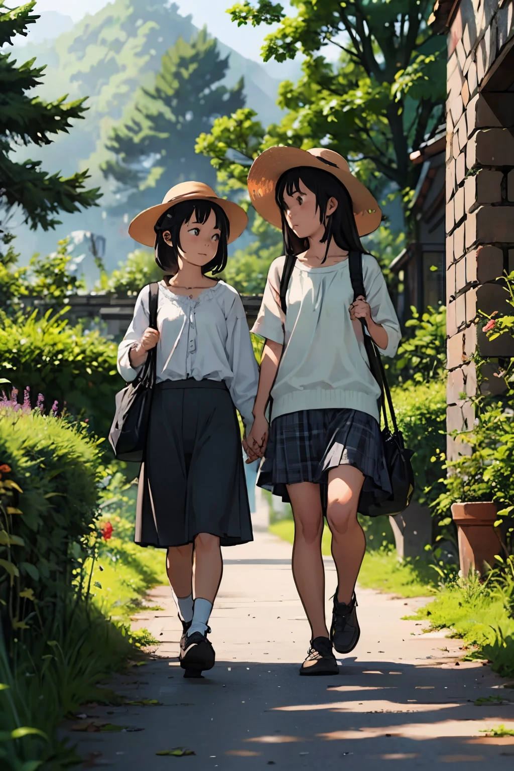 Two girls and a calico cat 、 (Take a walk with a calico cat :1.2)、On top of the stone walls of a Japanese castle ruins、 black hair, short hair while on a business trip、 long hair, hair tie , Hair Band , Hair Accessory , straw hat、 skirt 、 spotted sunlight 、Outdoors, nature, tree々、 Compa、rock、countryside、Suburban、( blur background)、4K、8k、 wallpaper、 best quality 、 HD、Masterpiece、