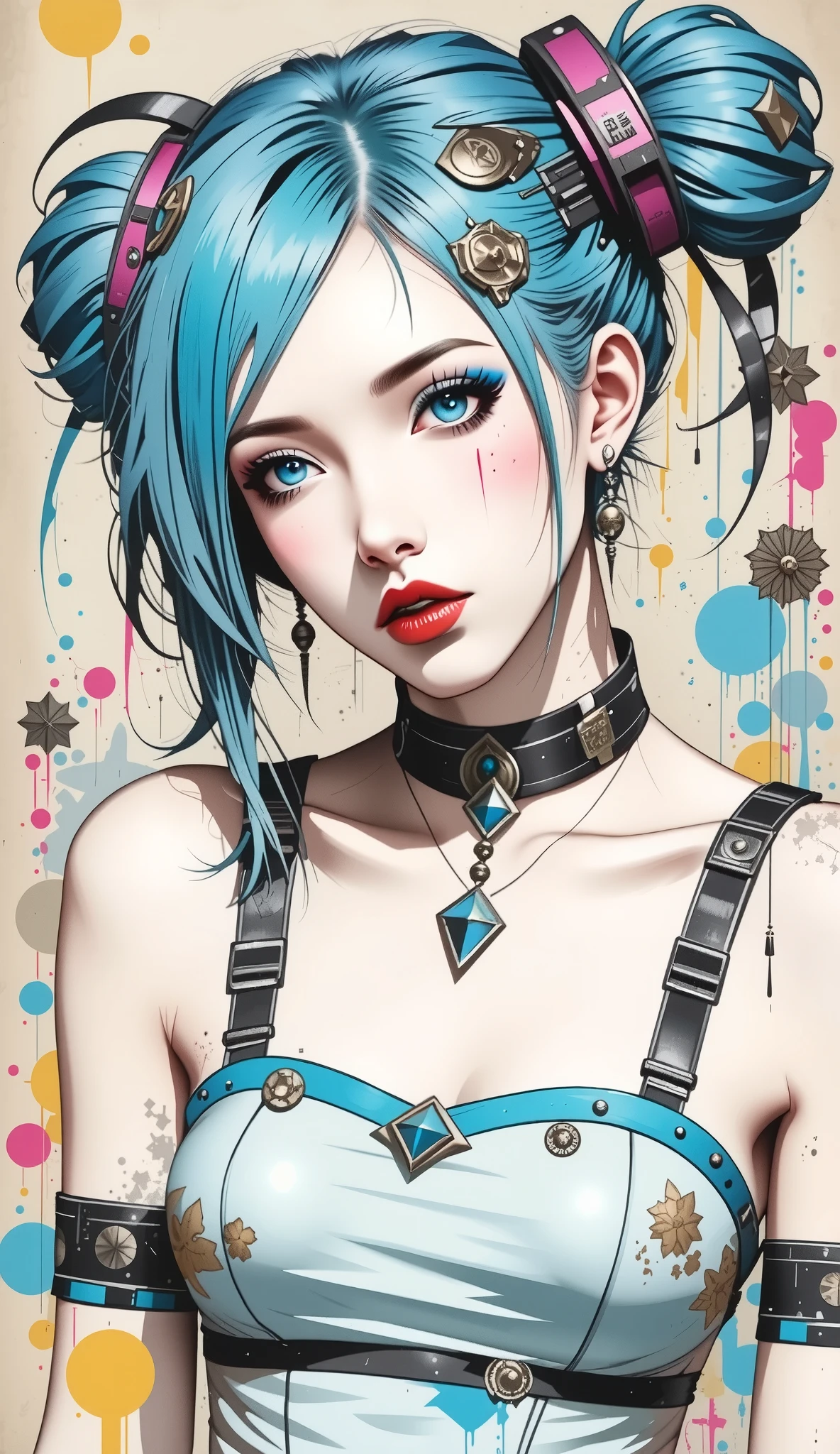 3/4 body shot:1.6), (Masterpiece, photorealistic, photorealism, best quality, ultra-detailed:1.3), (nice hands, perfect hands), official art, cinematic light, (1girl:1.3), adult, A fantastical coloured ink sketch portrait capturing the essence of a woman with tousled short brown blonde spiky hair, adorned in baggy pants. Infuse hyper realistic and hyperdetailed elements into this impressionistic masterpiece, employing techniques like colour splash and ink splatter to add vibrancy and texture to the composition, sharp focus, detailed, rich deep colors, dynamic dramatic, vibrant atmosphere, full background, ambient vivid. Wears black dress with mexican skulls print and silver pendant with the rainbow eye of a dragon. Also she wears earrings with the skulls. Smiling lightly. Full body. She has black eyeliner and long lashes. Her lips are light violet. Her eyes are blue