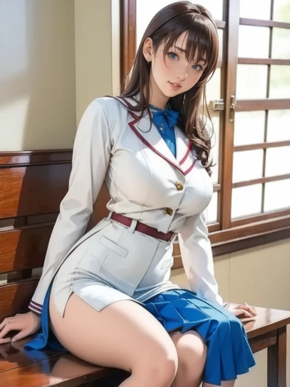 realistic pictures、real image、realistic,raw photo,best image quality、1 girl, Sayla Mass, elegant,spread legs,white pantiesーを見せる, table top, Complex,超ミニskirt、white panties、 realistic, highest quality, absurd, high facial detail, perfect eyes, 18-year-old, cowboy shot, , Bright colors, white uniform, skirt
