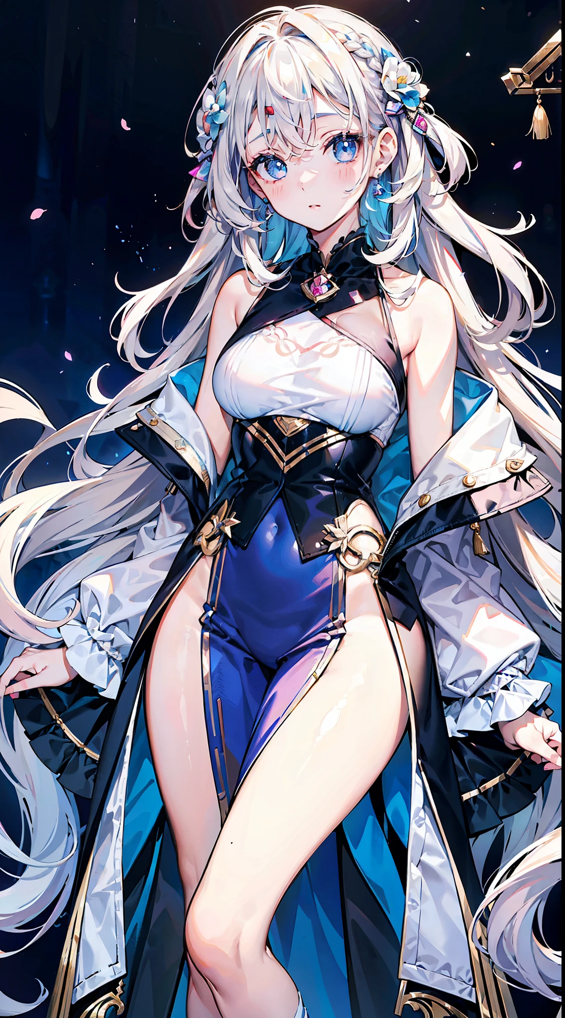 Highest quality, Super quality, 16K, Incredibly absurd, Very detailed, 2.5D, delicate and dynamic, Small faint lights and flying fireflies, night, Starry Sky, milky way, nebula, shooting star,,erotic, sole sexy lady, healthy shaped body, 22 years old lady, 170cm tall, huge firm bouncing busts, Colorful stripes of light, A long dress with a complex structure, Colorful dress, Nine-tailed white fox, Fox Dance
