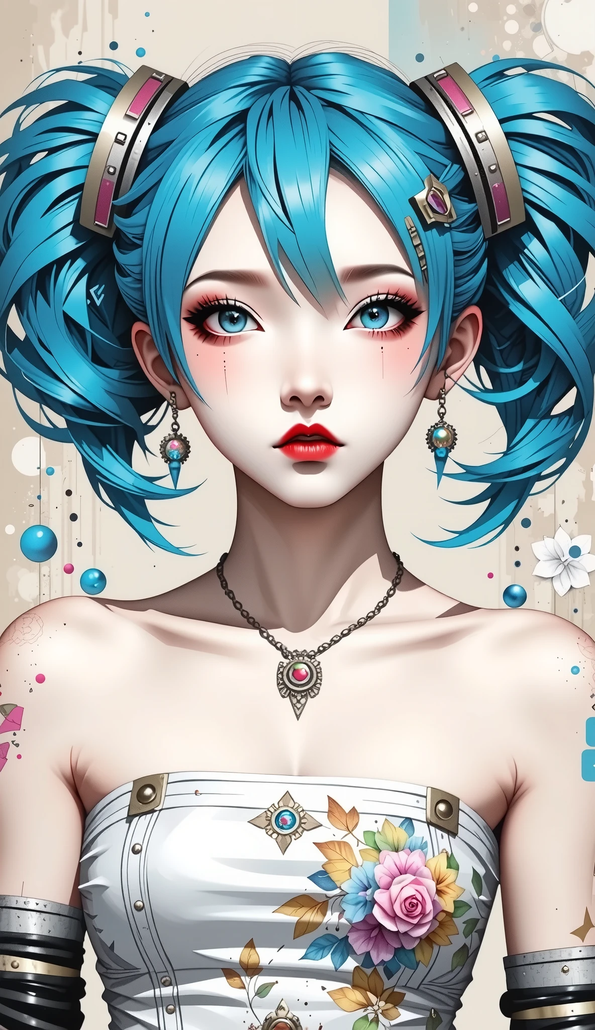 (photorealistic:1.8, highest quality:1.8,8K masterpiece:1.8,High resolution,muste piece:1.8,RAW Photos,cinematic lighting),No split screen, (1 android girl:1.3)、Completely naked、full body tattoo、choker、(Moderate chest:1.3)、Nipple piercing、kimono、Furisode、beautiful butt,beautiful thighs,plump nipples、Nipples are visible through the costume,cameltoe,Body painting with a pop design drawn all over the body、pop art design、cutting edge fashion、conceptual art、(Beautiful shining red, blue, black and white hair:1.5)、Shy Smile